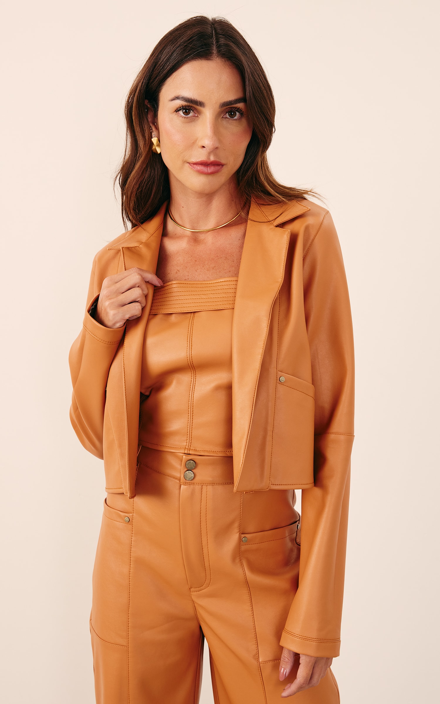 Blazer Like Leather Cropped Caramelo