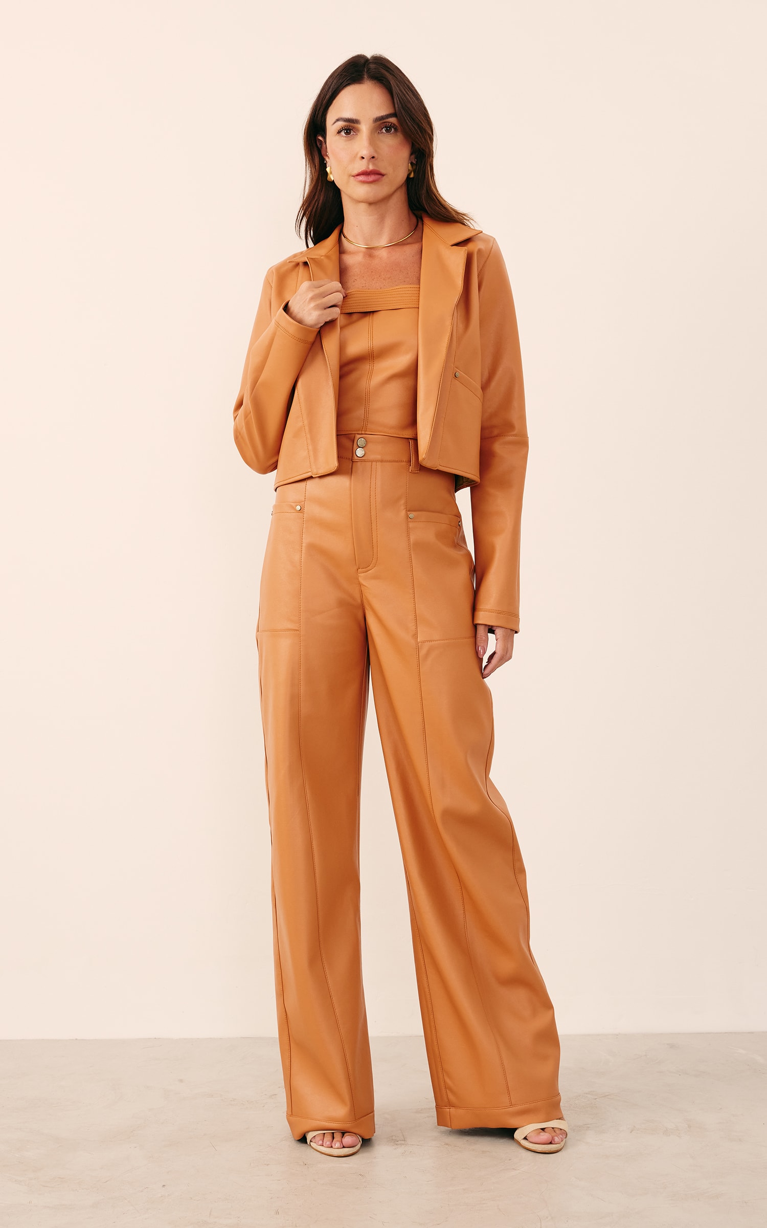 Blazer Like Leather Cropped Caramelo
