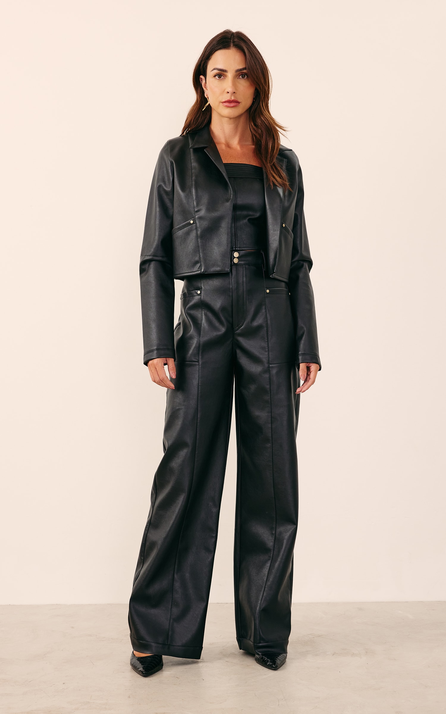 Blazer Like Leather Cropped Preto