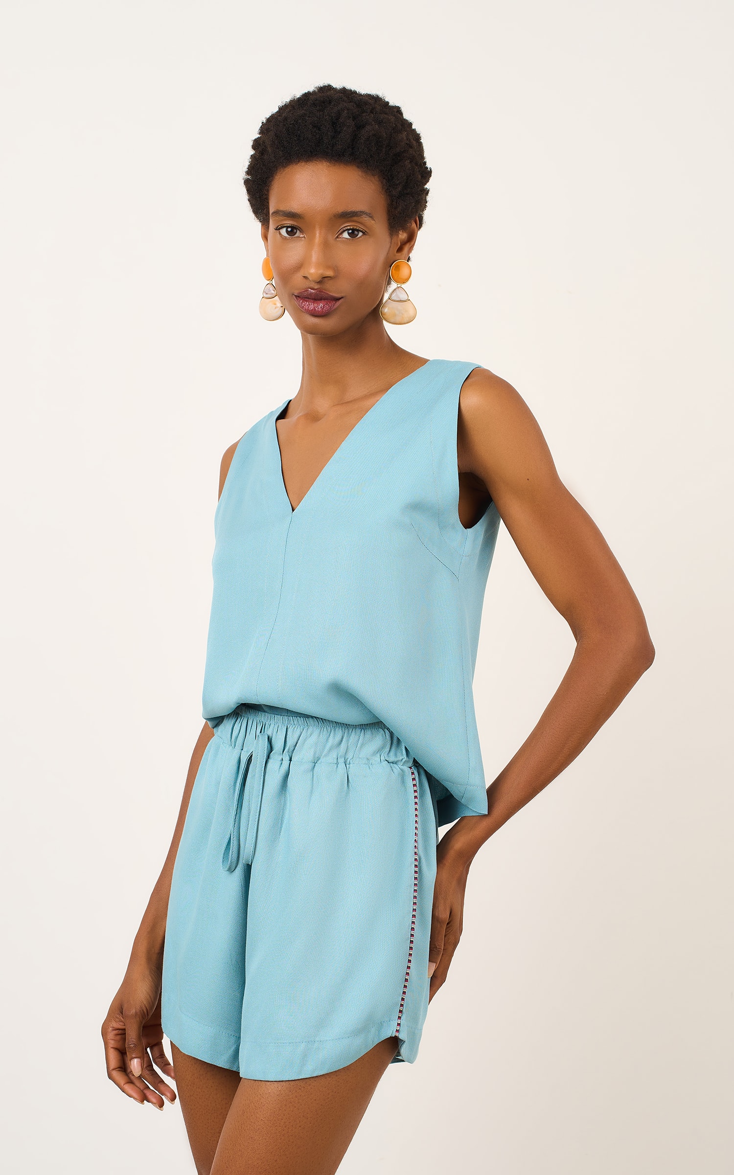Blusa Decote v Textura Azul Sereno