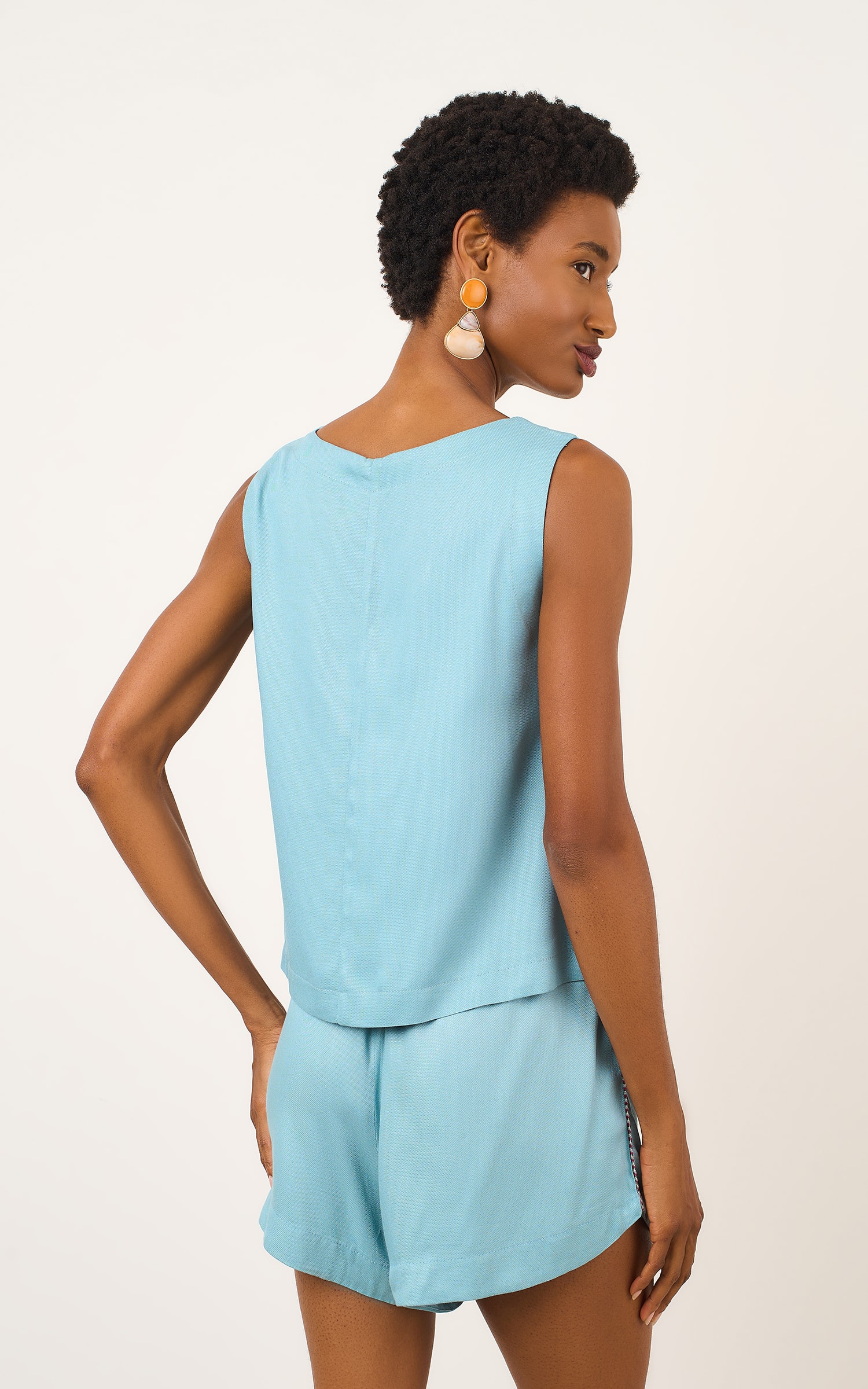 Blusa Decote v Textura Azul Sereno