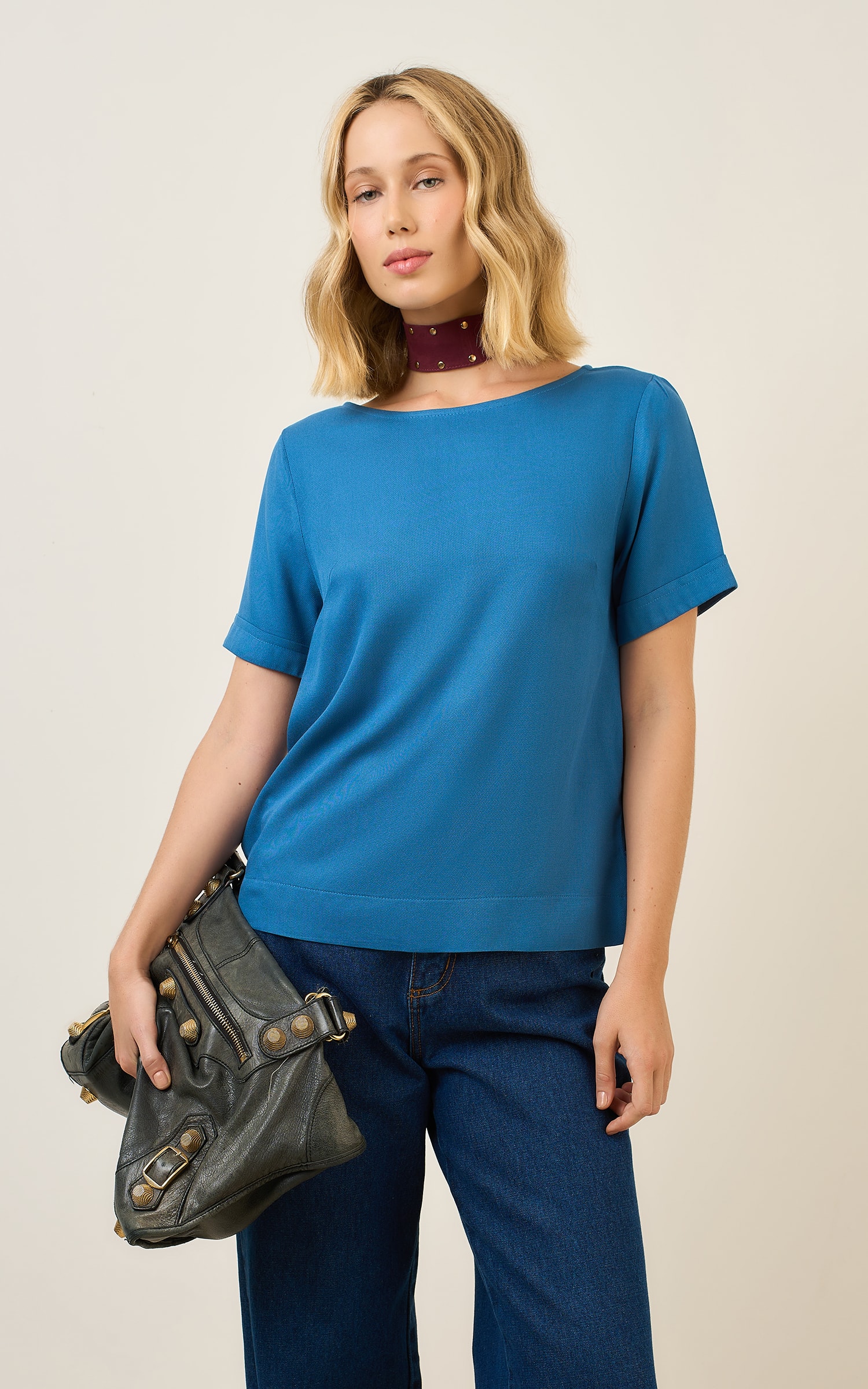 Blusa Detalhe Manga Costa Azul Denim
