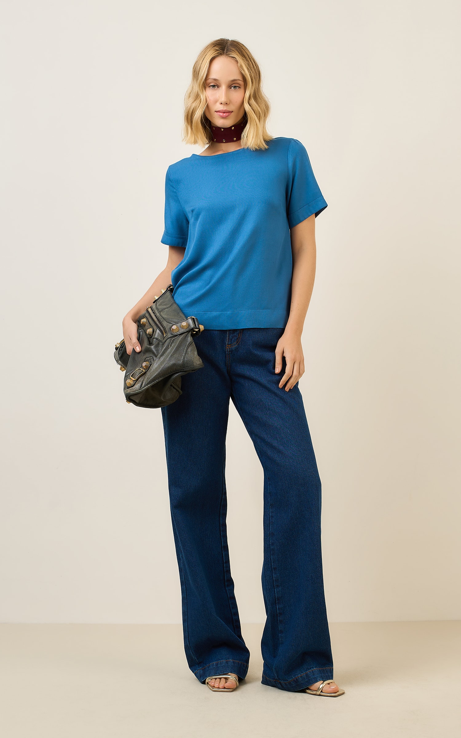Blusa Detalhe Manga Costa Azul Denim