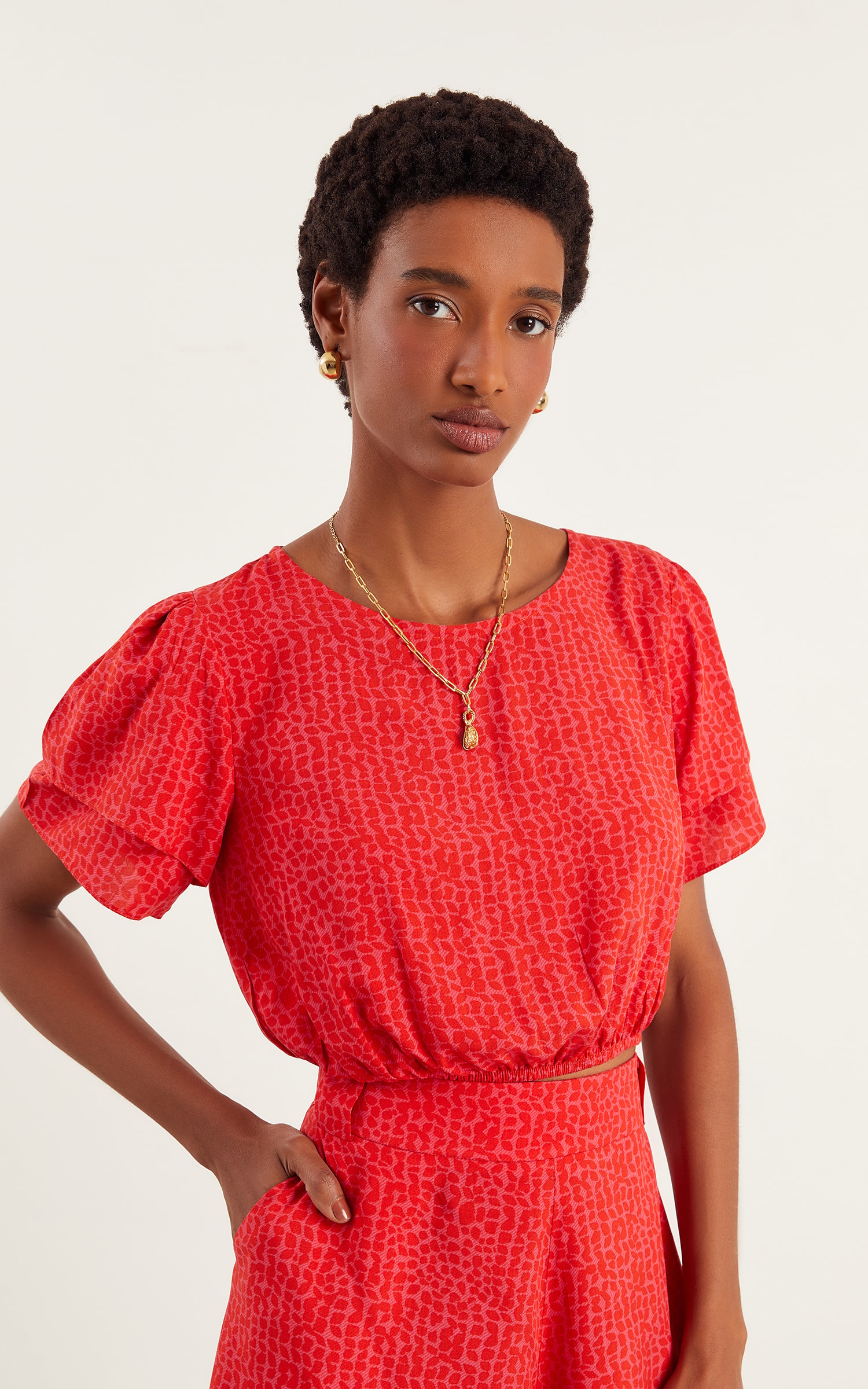 Blusa Lovely Detalhe Manga Vermelho/Rosa