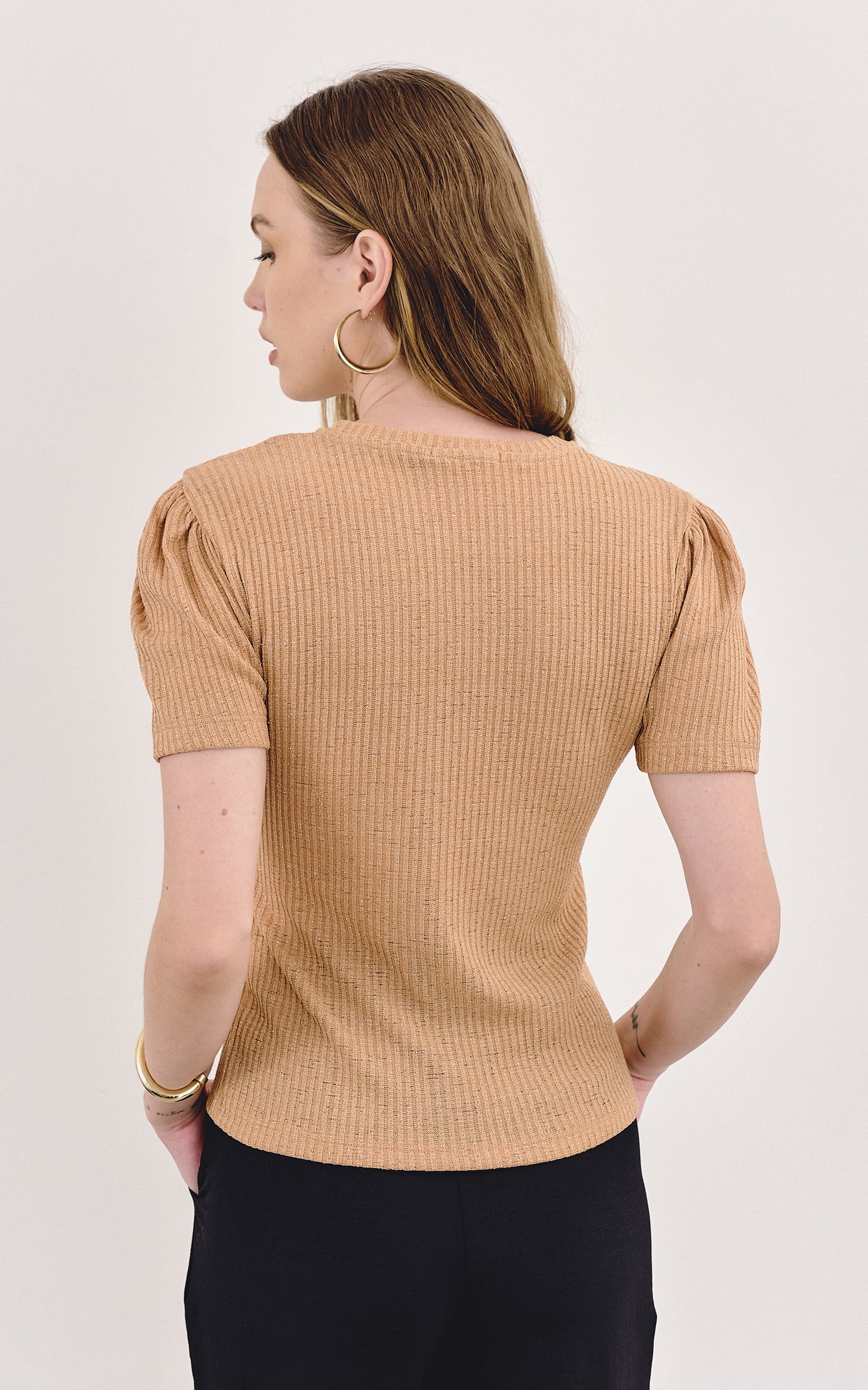 Blusa Malha Lurex Manga Bufante Cappuccino