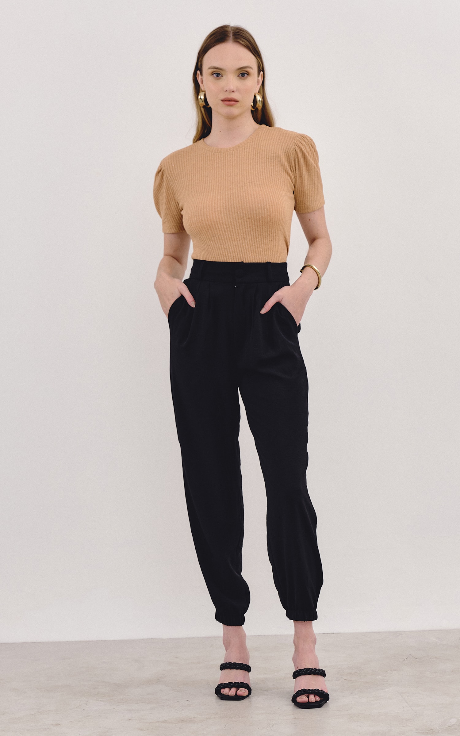 Blusa Malha Lurex Manga Bufante Cappuccino