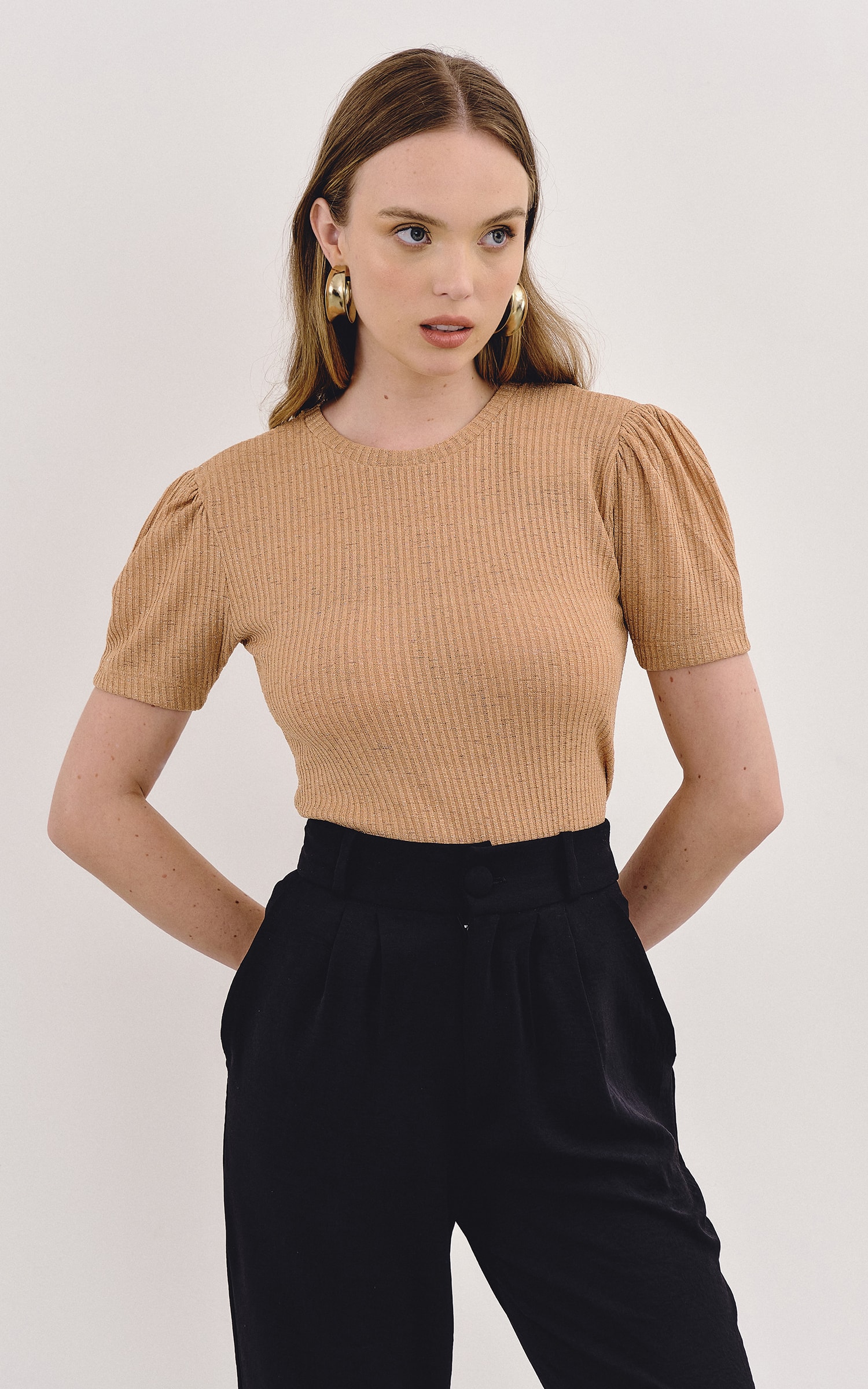 Blusa Malha Lurex Manga Bufante Cappuccino