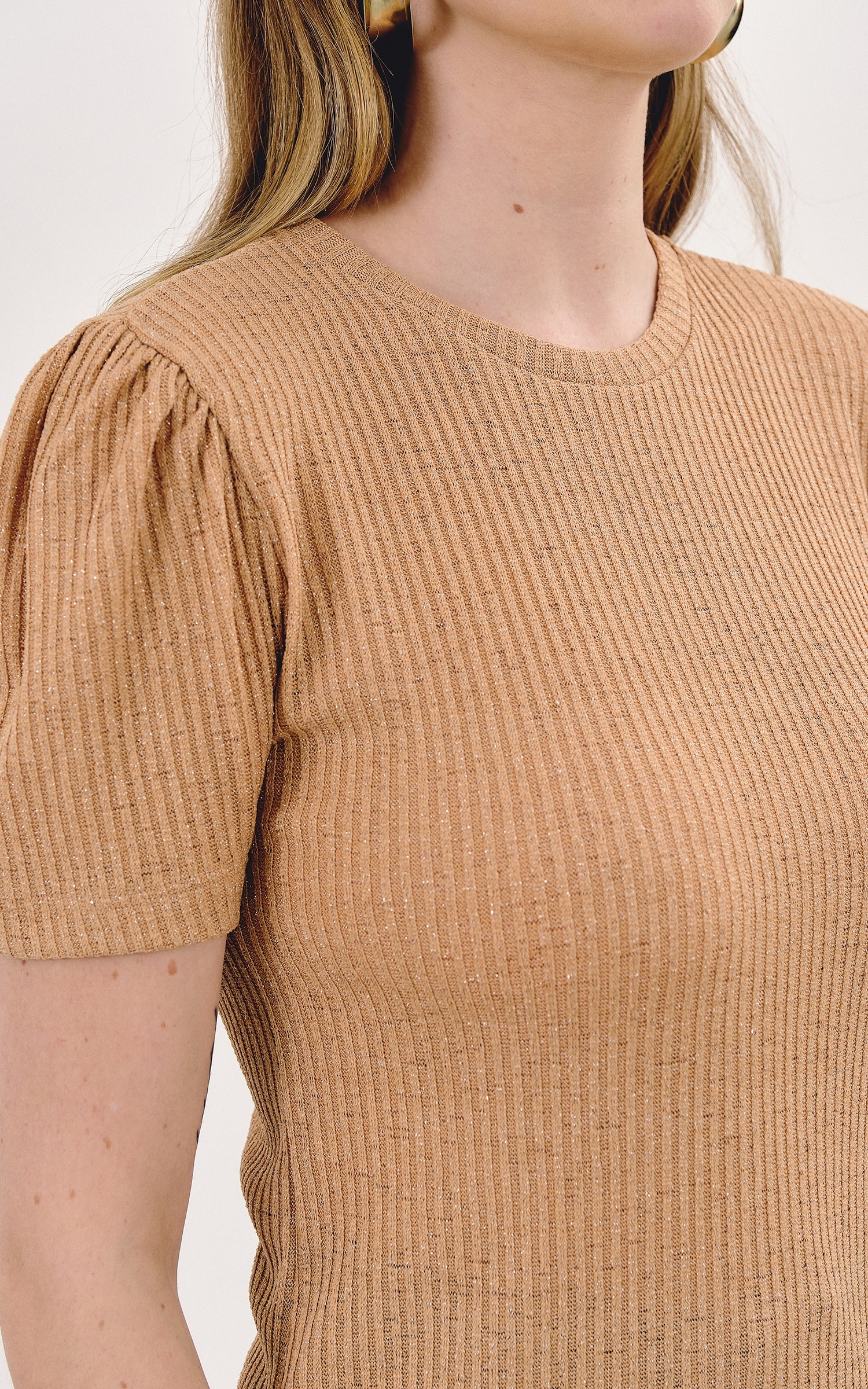 Blusa Malha Lurex Manga Bufante Cappuccino
