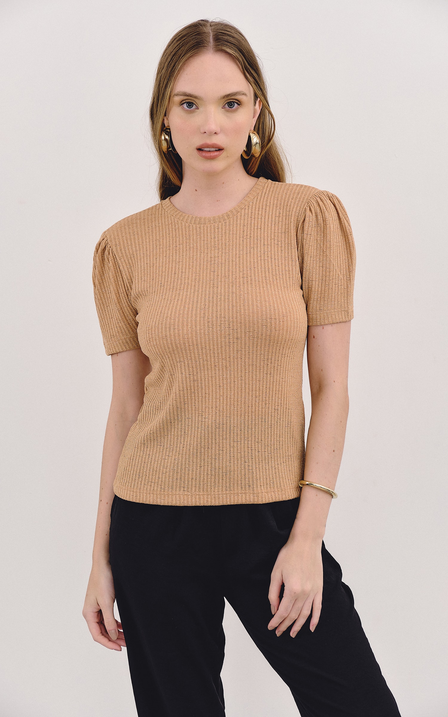 Blusa Malha Lurex Manga Bufante Cappuccino