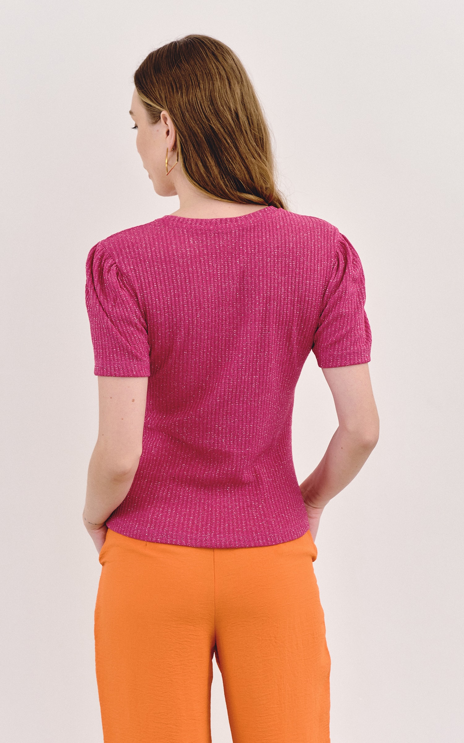 Blusa Malha Lurex Manga Bufante Rosa