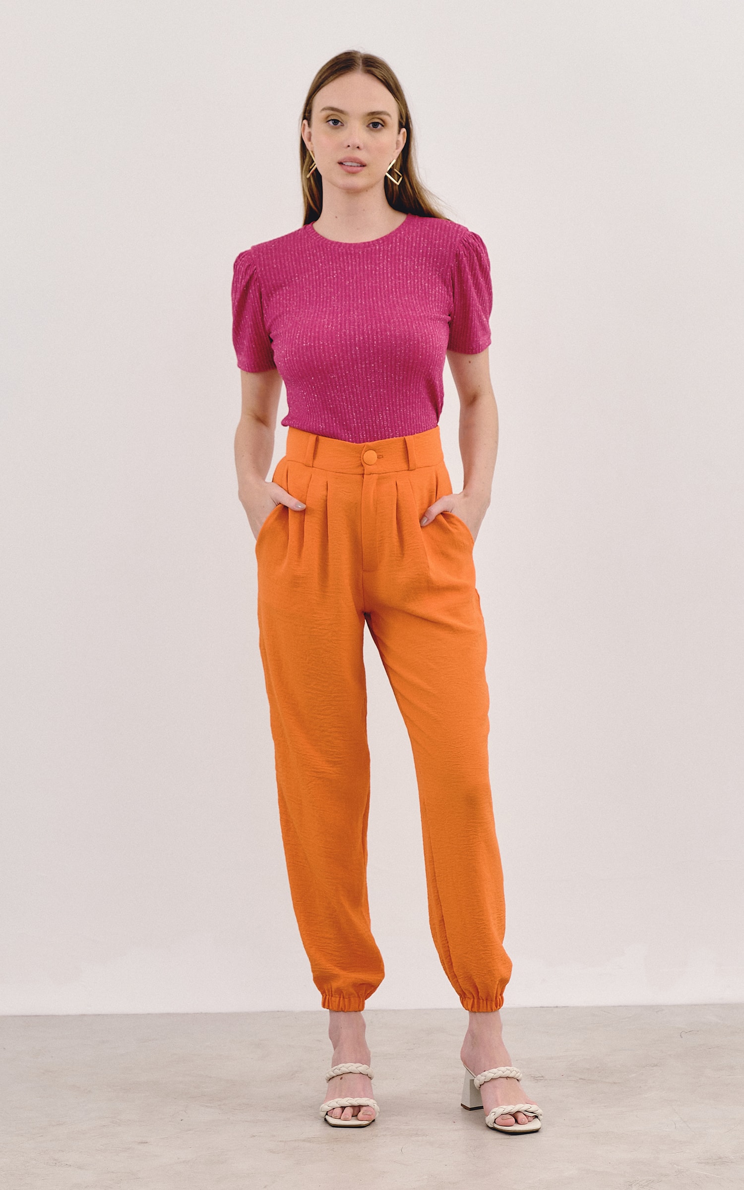 Blusa Malha Lurex Manga Bufante Rosa