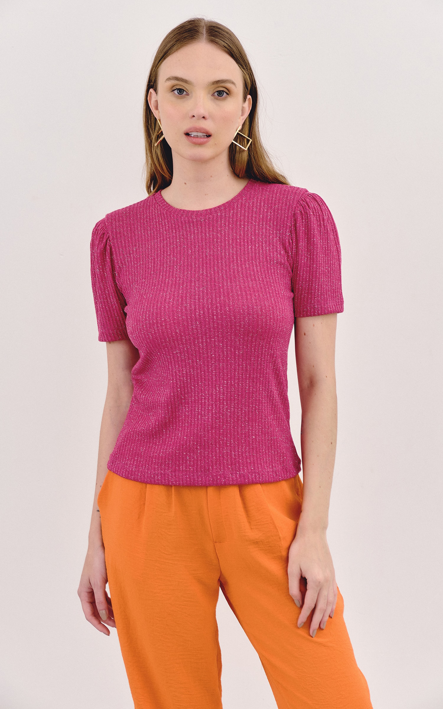 Blusa Malha Lurex Manga Bufante Rosa