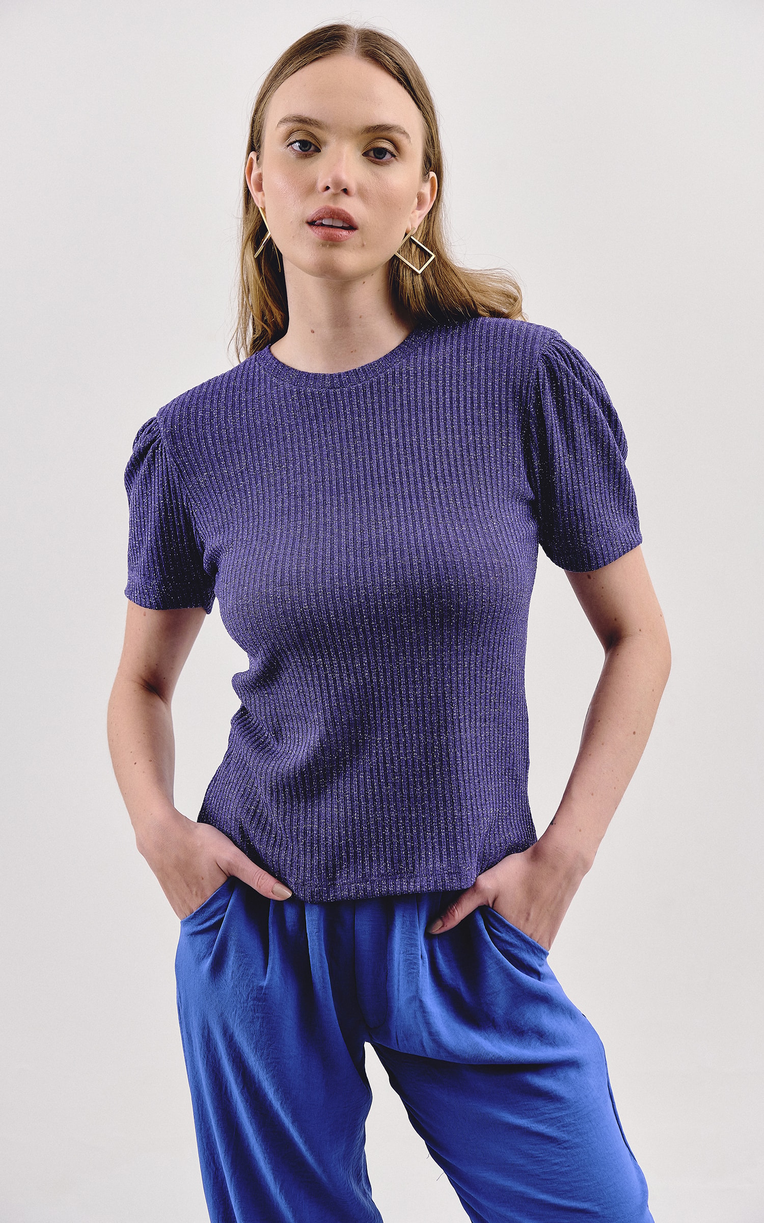 Blusa Malha Lurex Manga Bufante Roxo