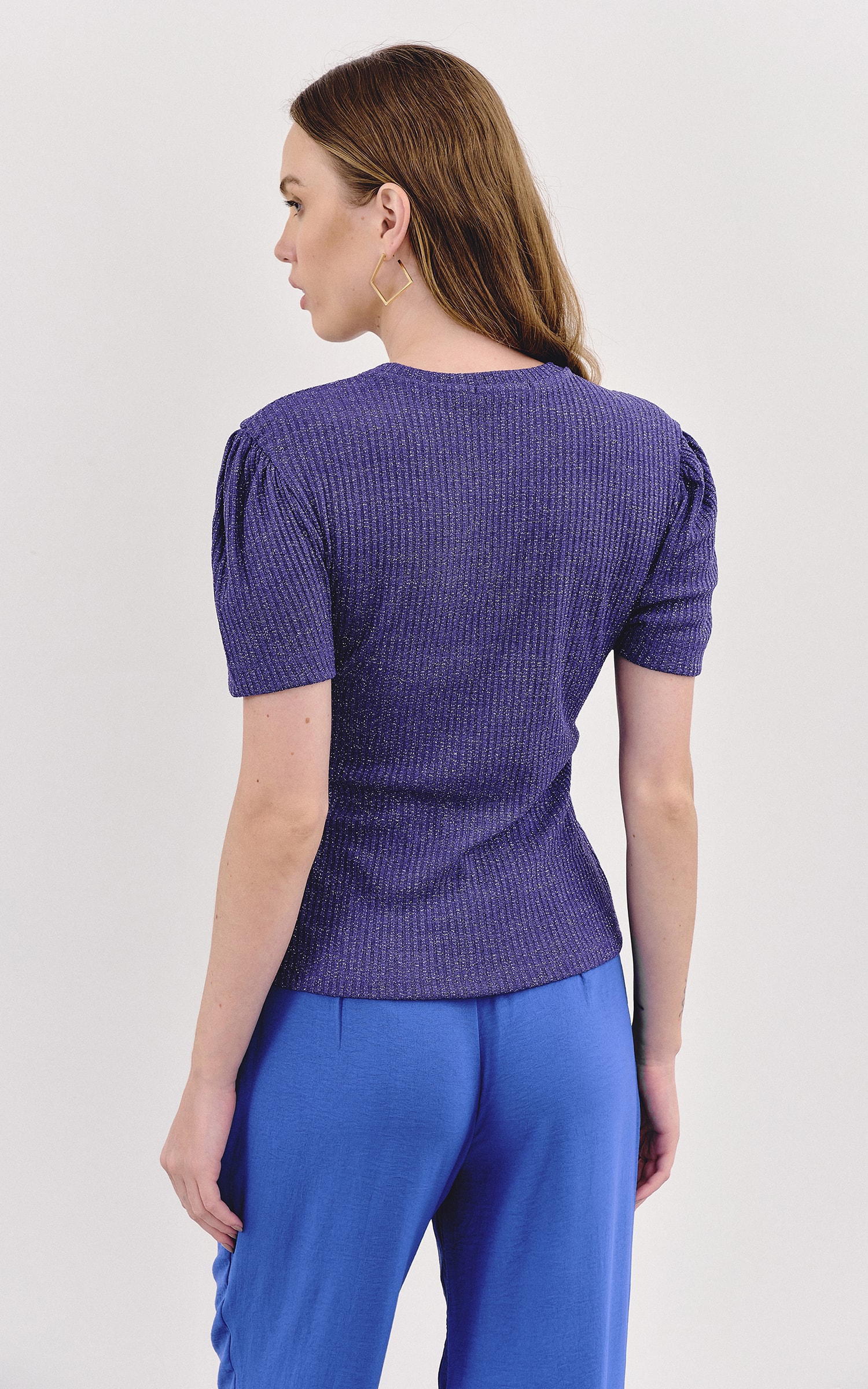 Blusa Malha Lurex Manga Bufante Roxo