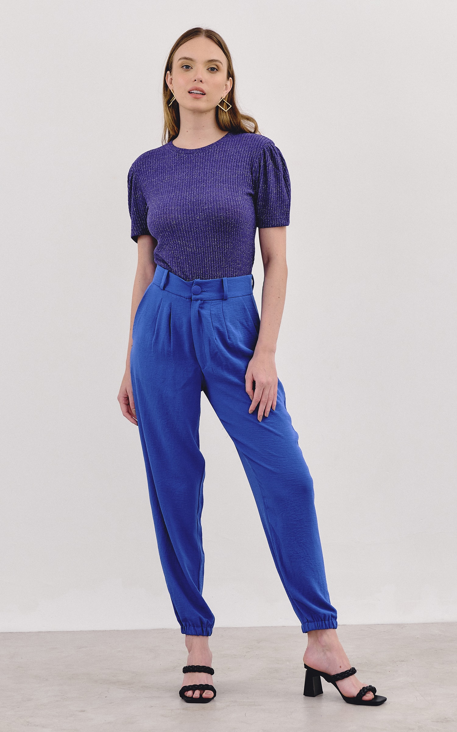 Blusa Malha Lurex Manga Bufante Roxo