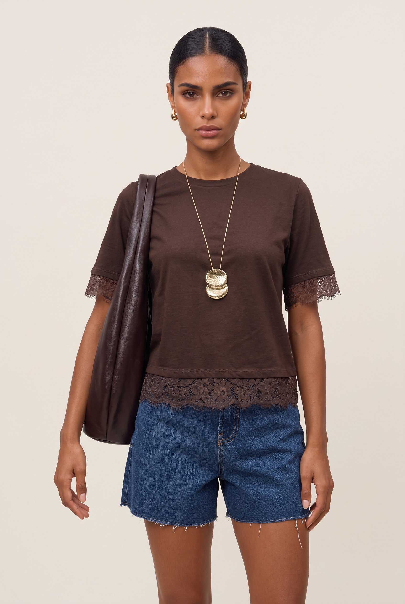 Blusa Malha Renda Marrom