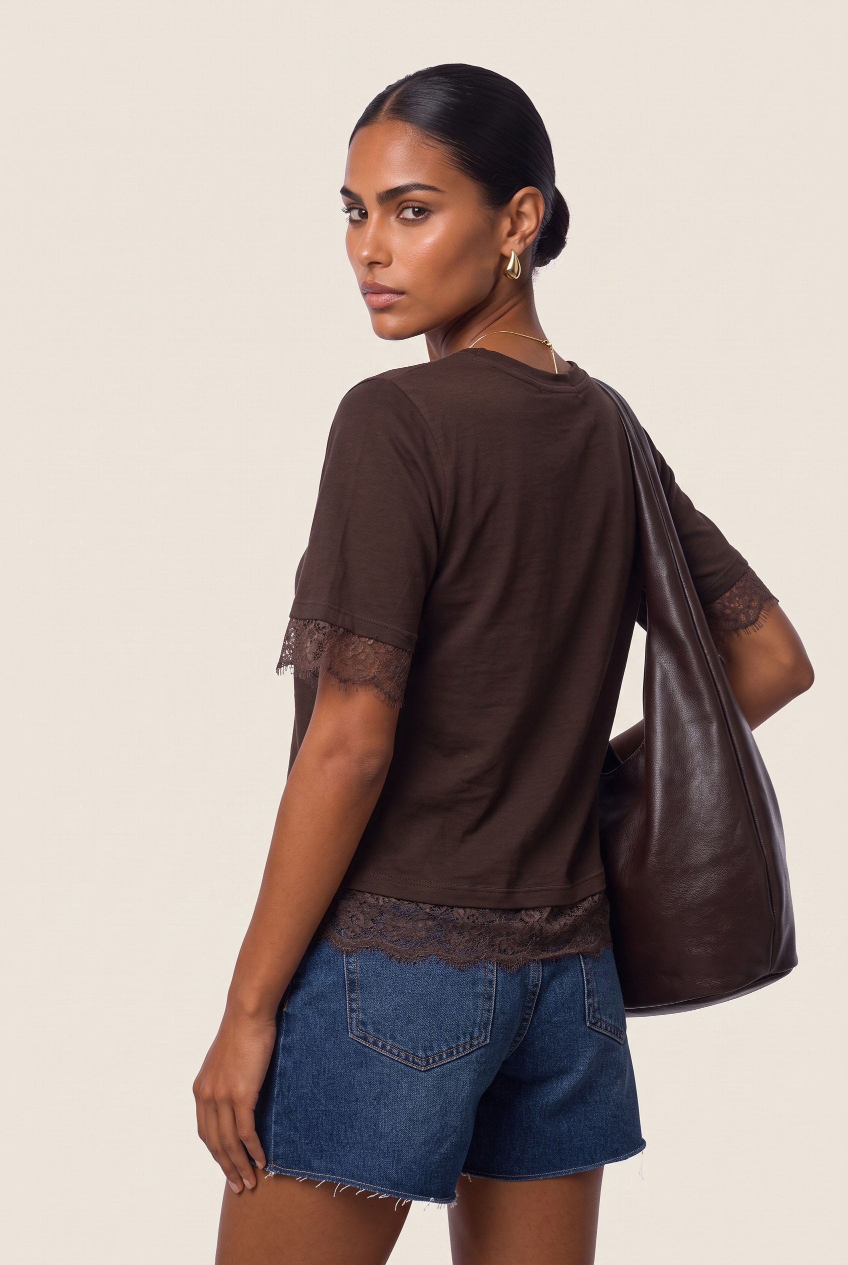 Blusa Malha Renda Marrom