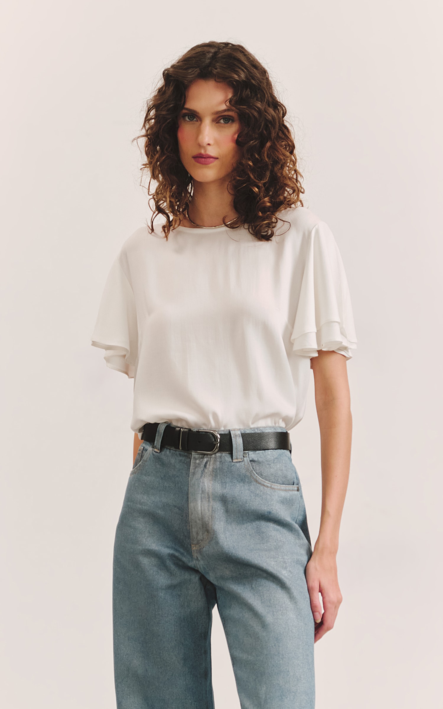 Blusa Manga Babado Duo Off White