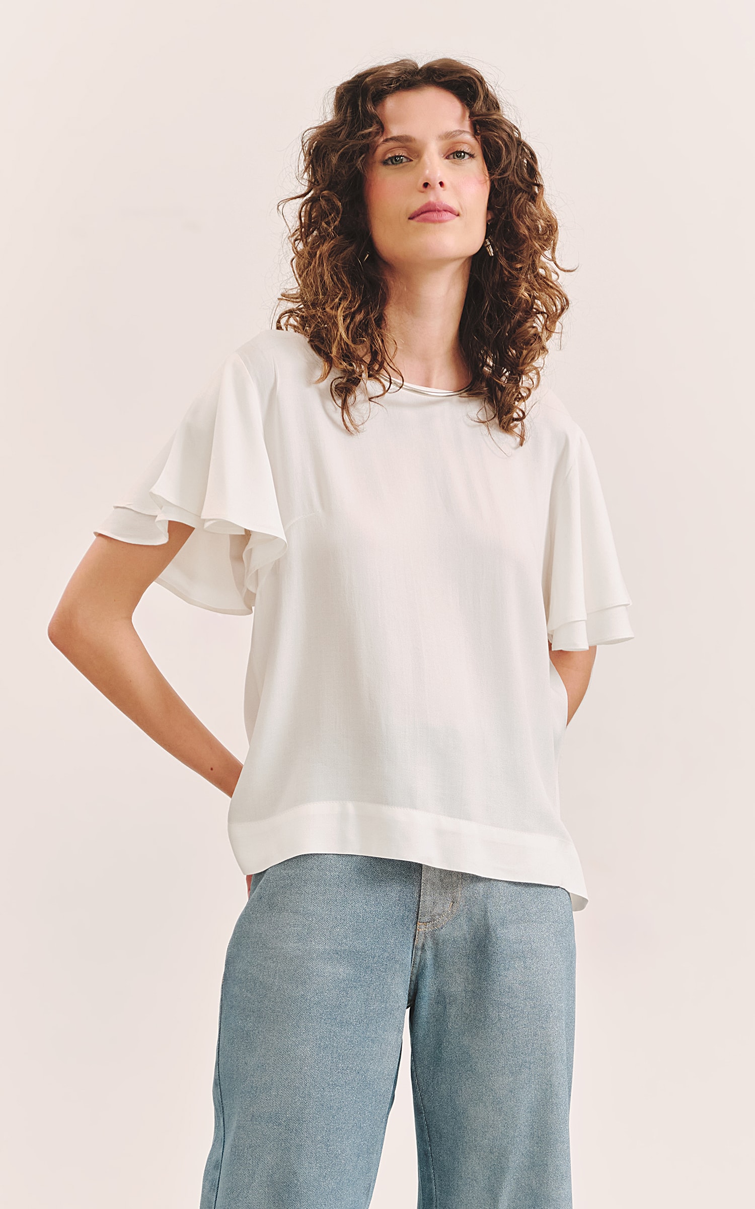 Blusa Manga Babado Duo Off White