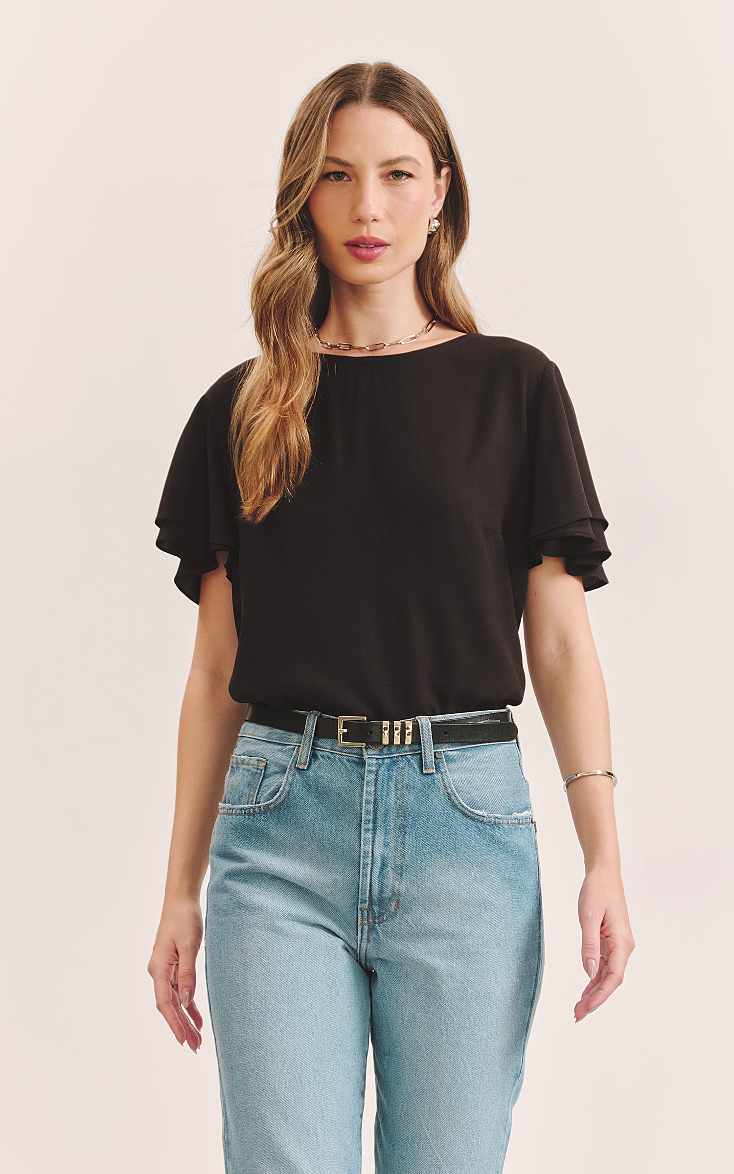 Blusa Manga Babado Duo Preto