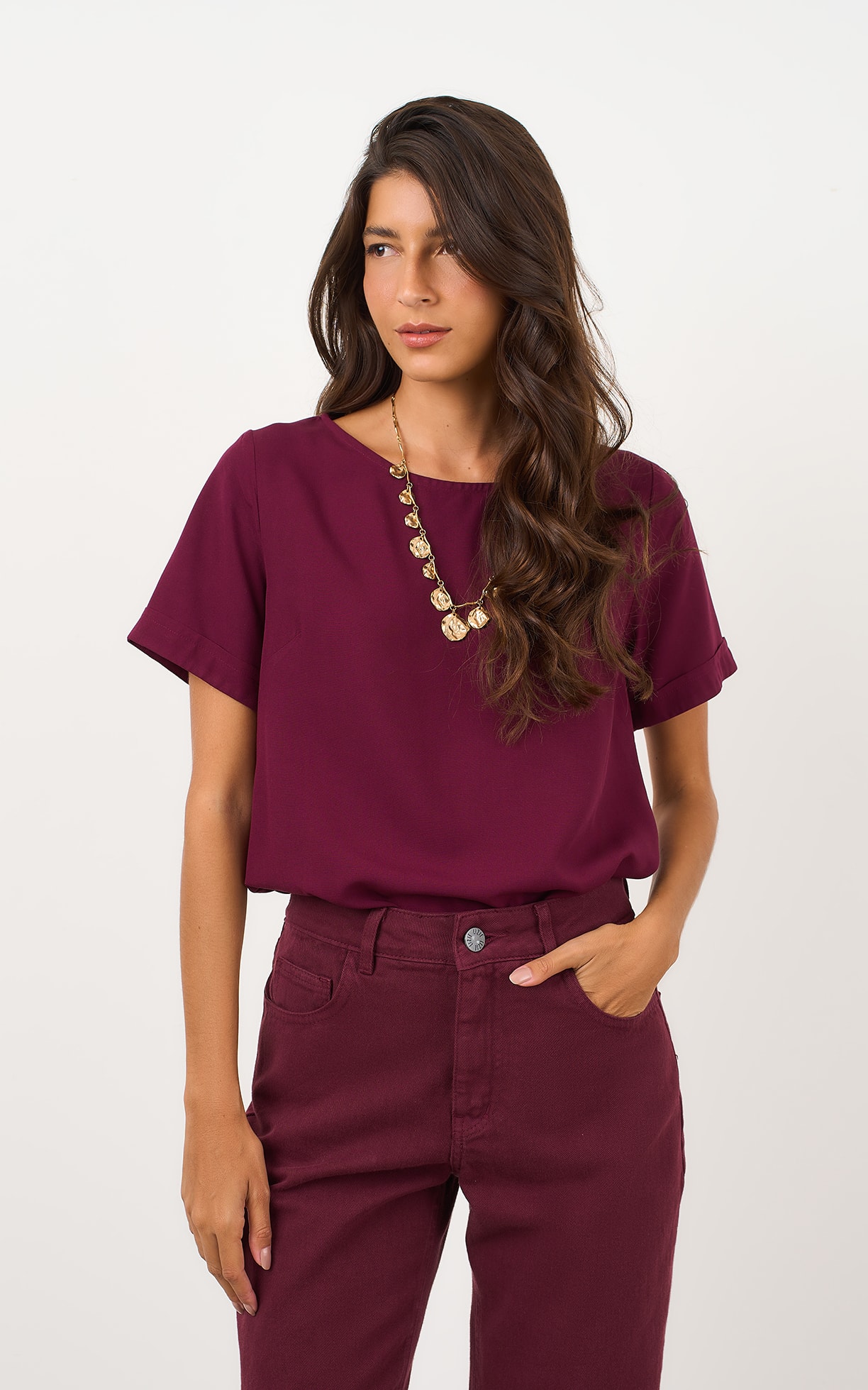 Blusa Manga Curta Basic Burgundy