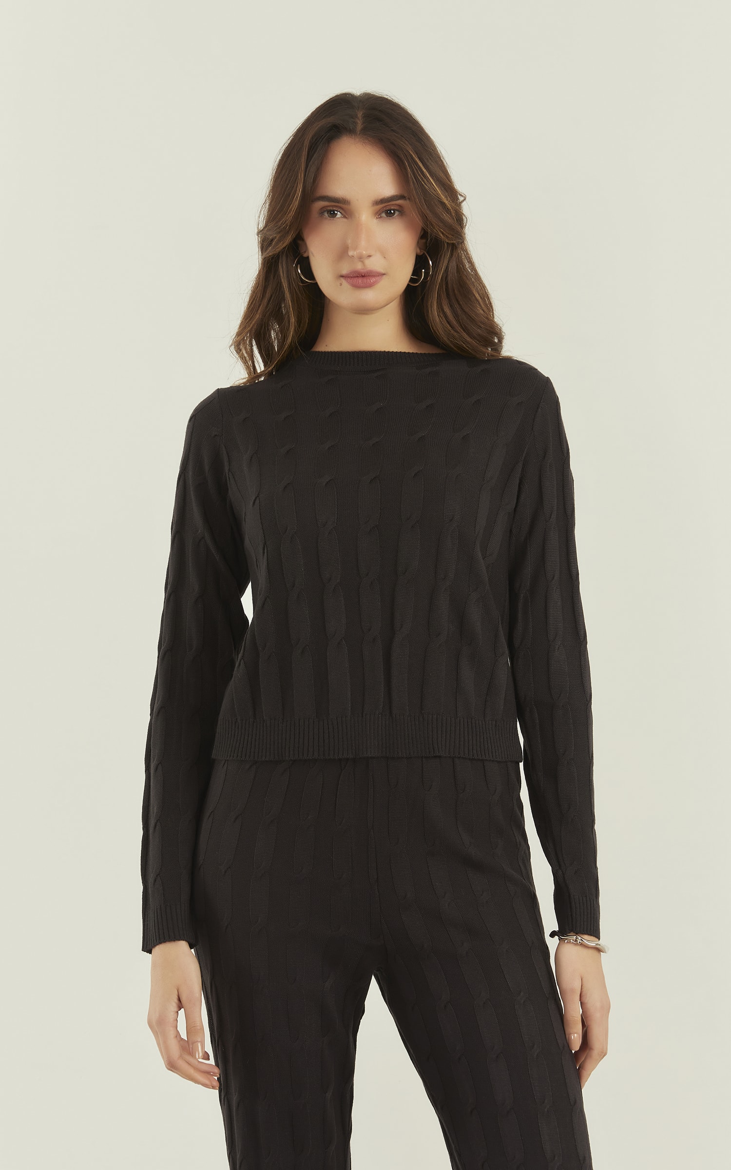Blusa Manga Tricot Trançada Preto