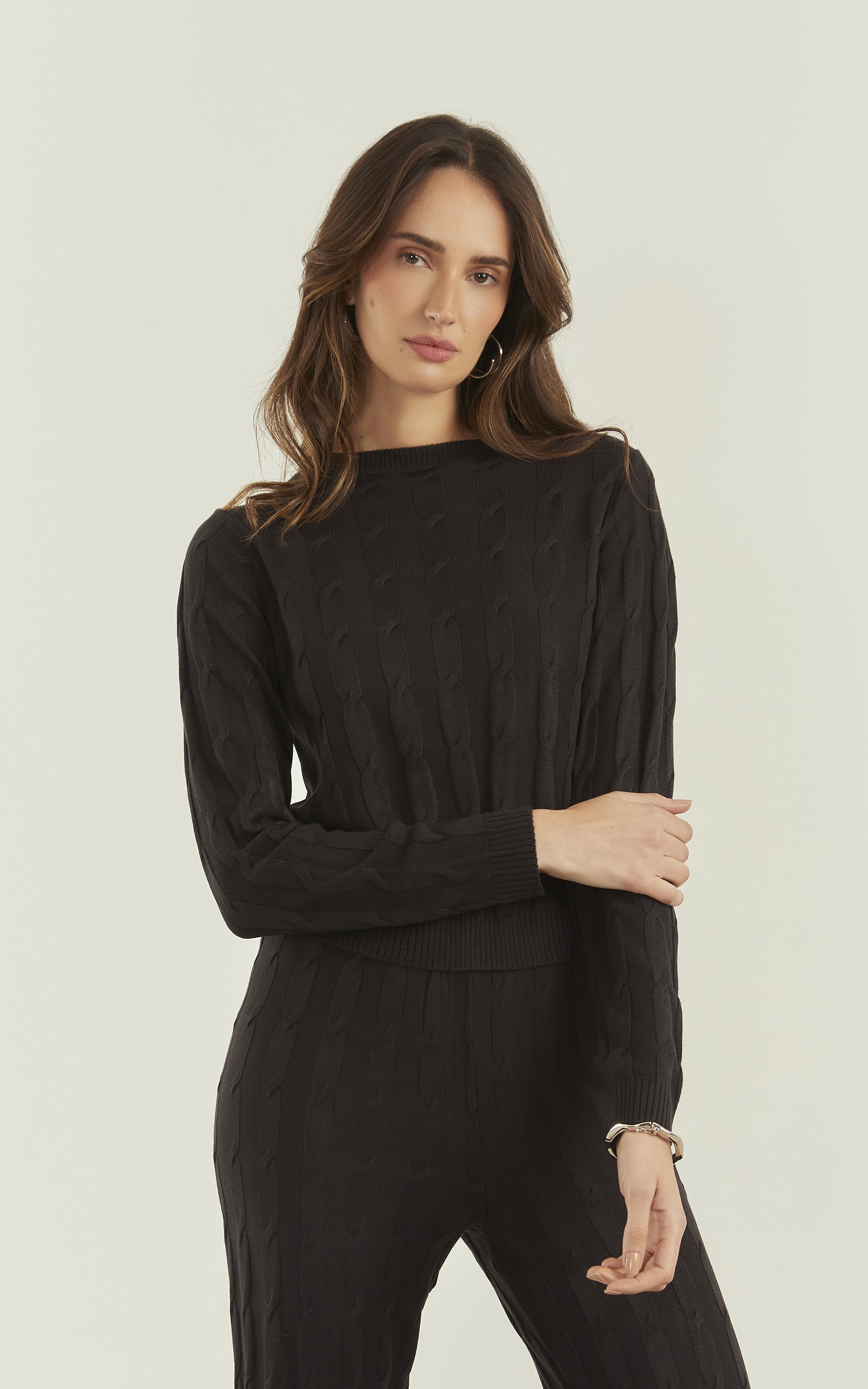 Blusa Manga Tricot Trançada Preto