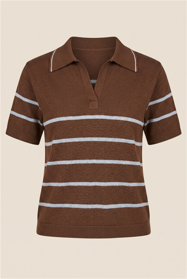 Blusa Polo Tricot Listra Marrom