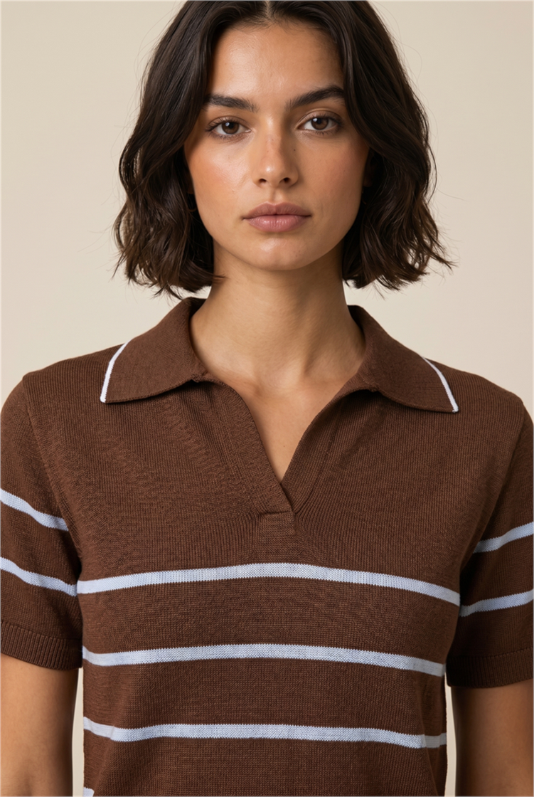 Blusa Polo Tricot Listra Marrom