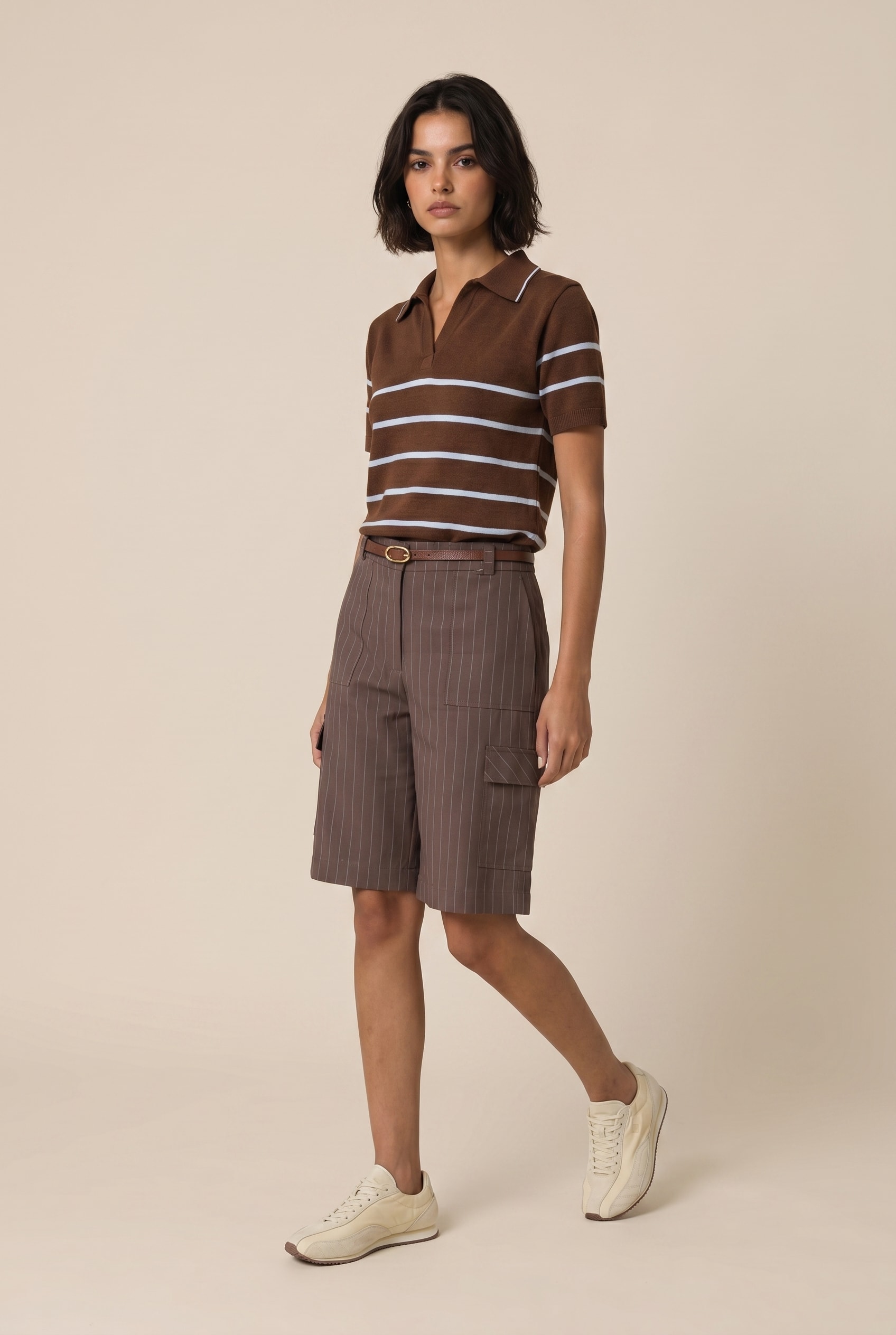 Blusa Polo Tricot Listra Marrom