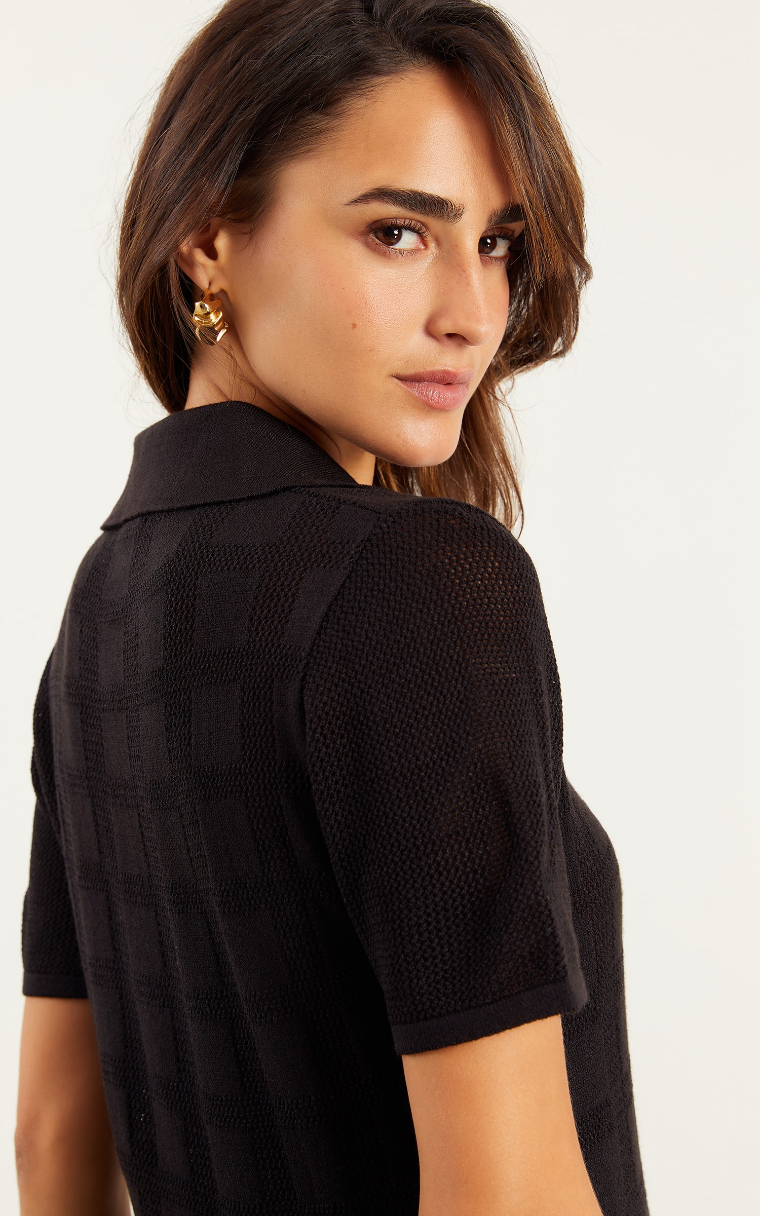 Blusa Polo Tricot Ponto Vazado Preto
