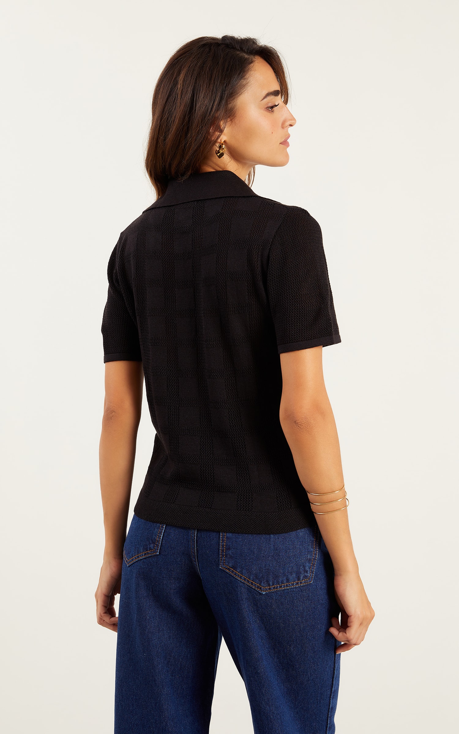 Blusa Polo Tricot Ponto Vazado Preto