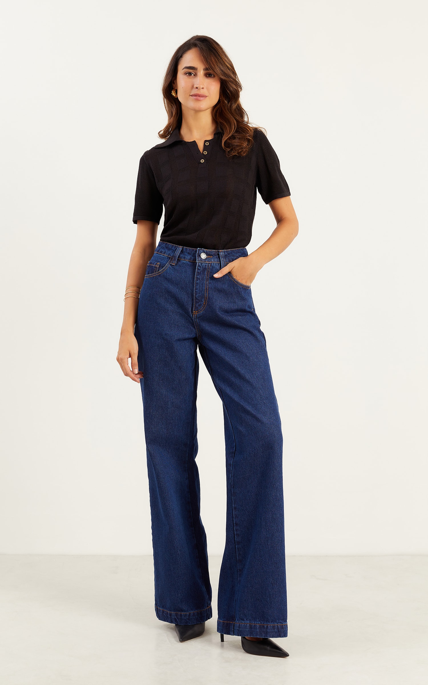 Blusa Polo Tricot Ponto Vazado Preto
