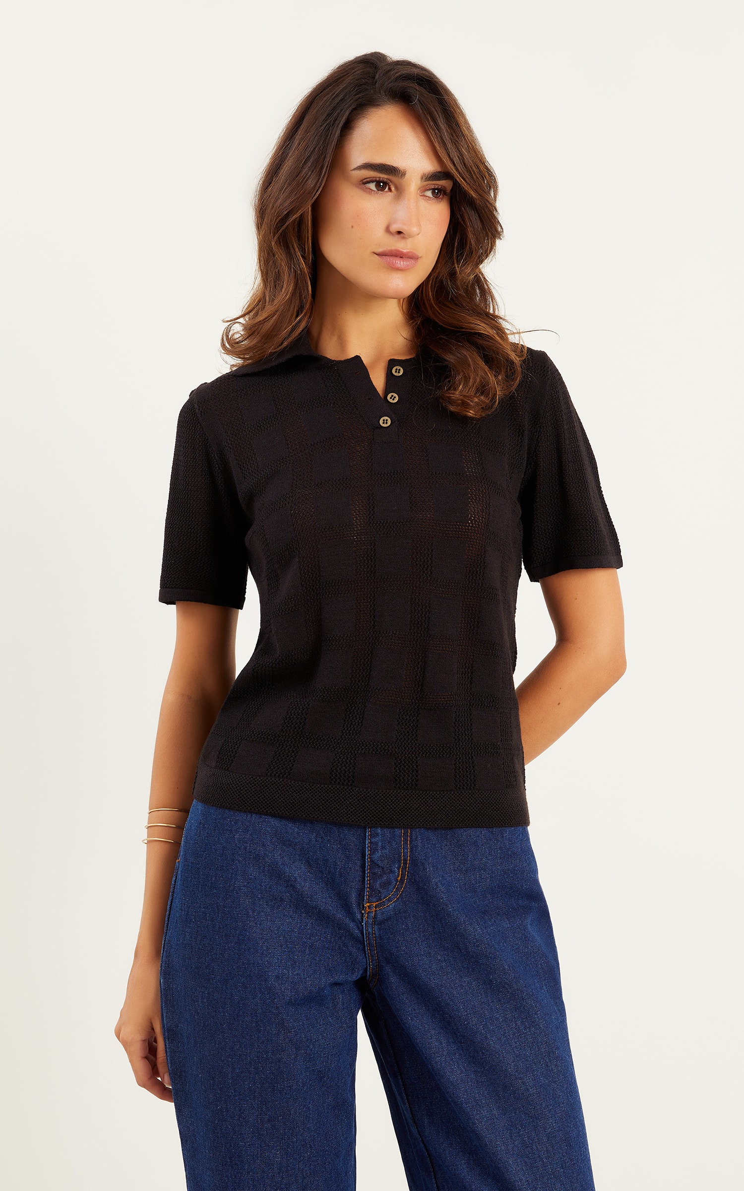 Blusa Polo Tricot Ponto Vazado Preto