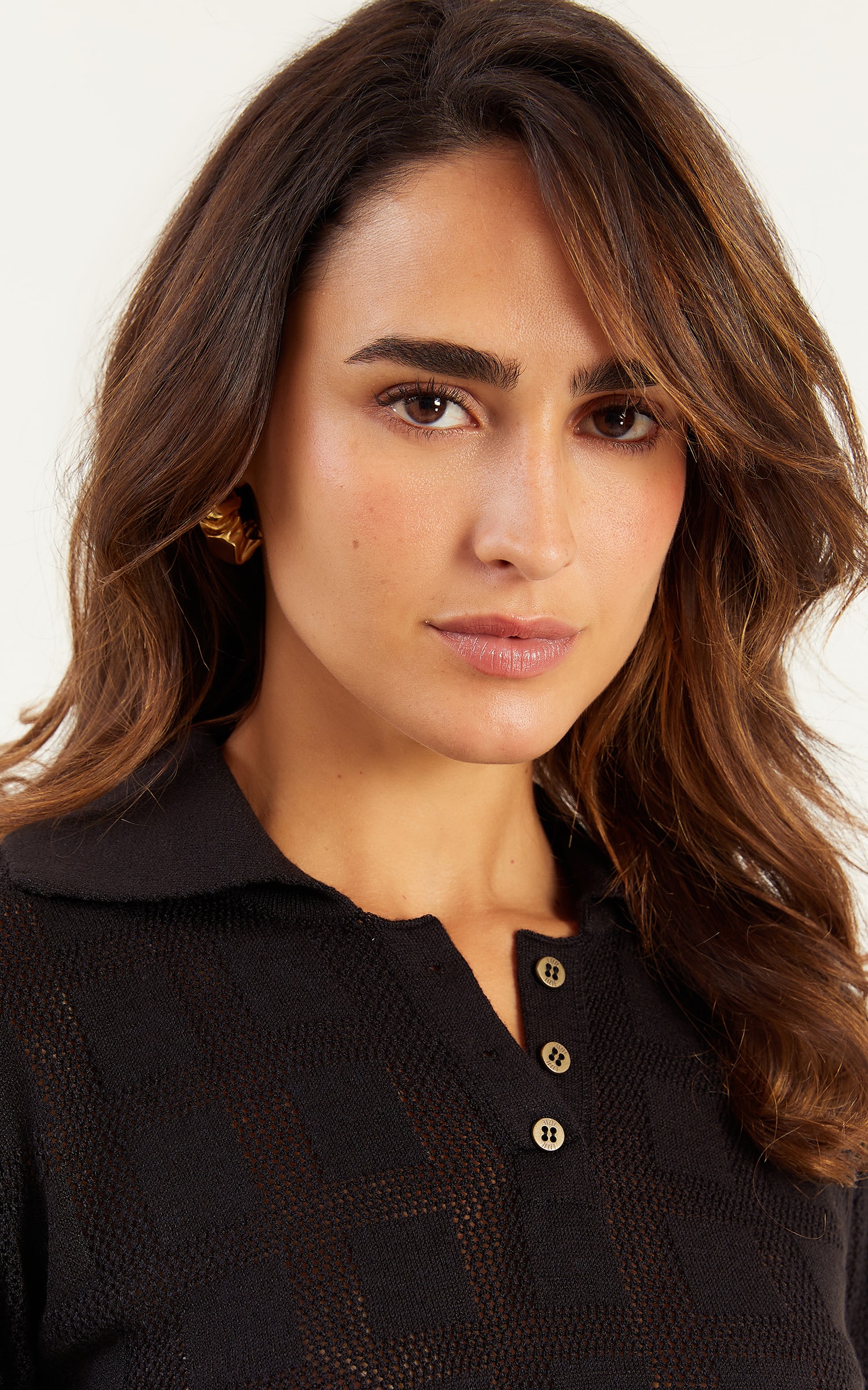 Blusa Polo Tricot Ponto Vazado Preto