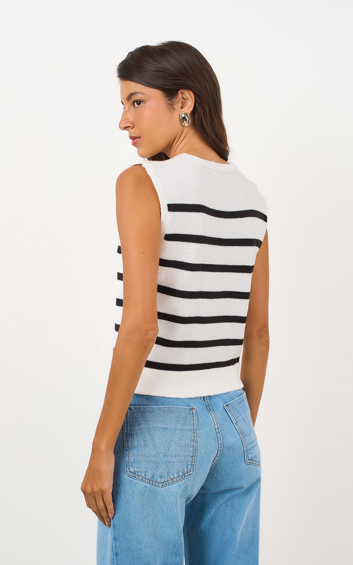Blusa Quadrada Tricot Listra Off e Preto
