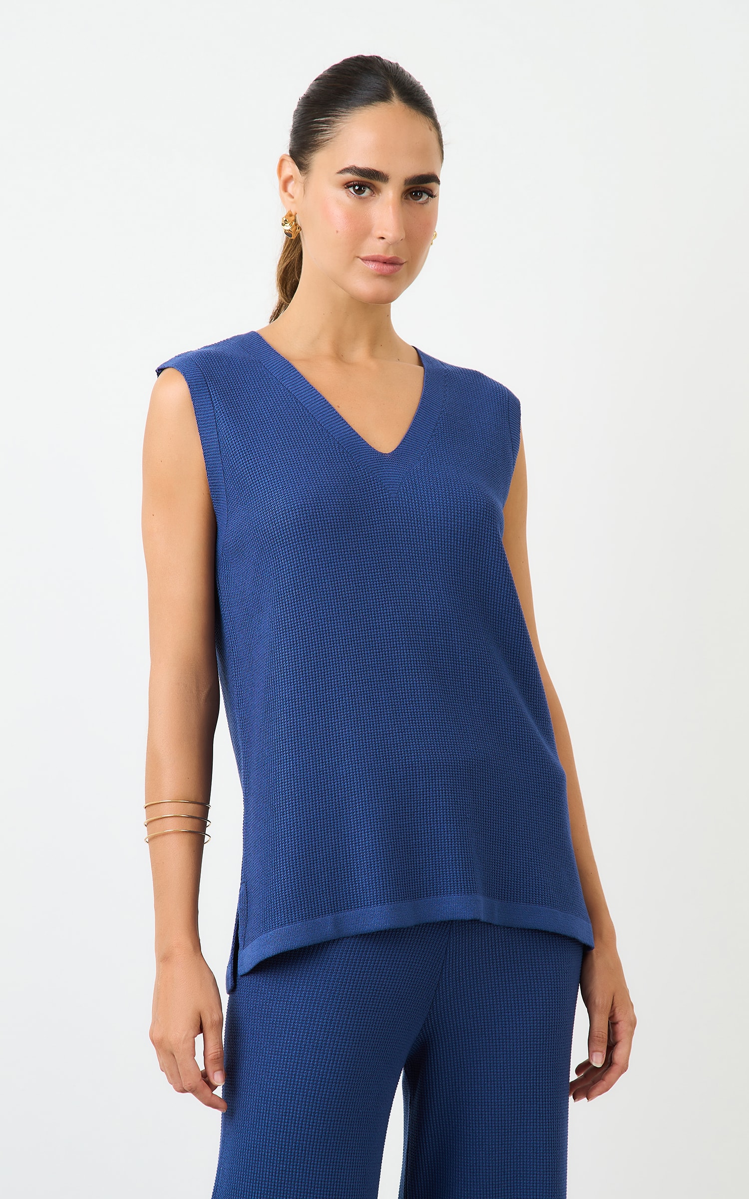 Blusa Tricot Alongada Piquet Cobalto