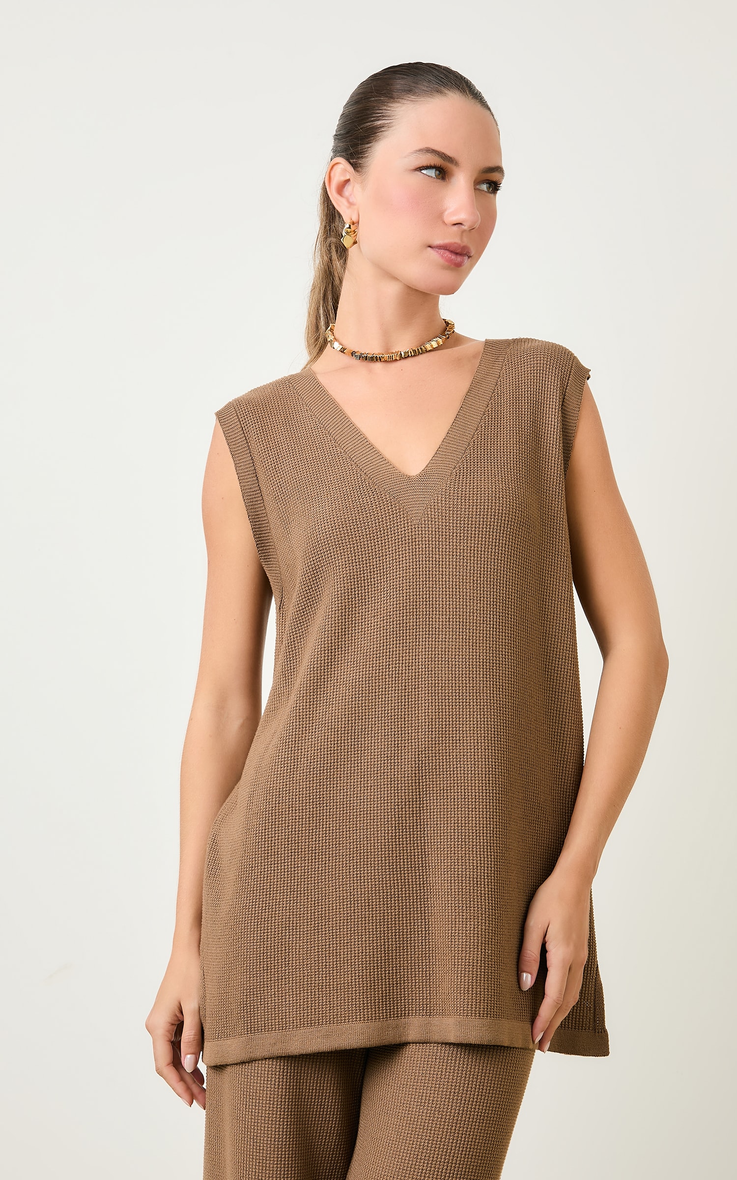 Blusa Tricot Alongada Piquet Fendi