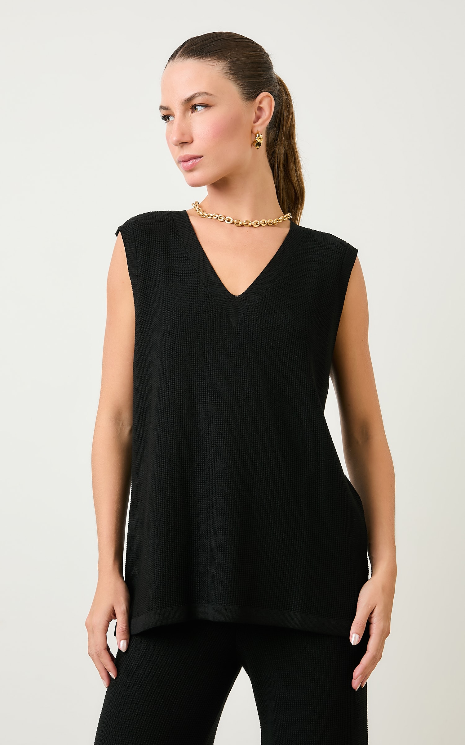 Blusa Tricot Alongada Piquet Preto