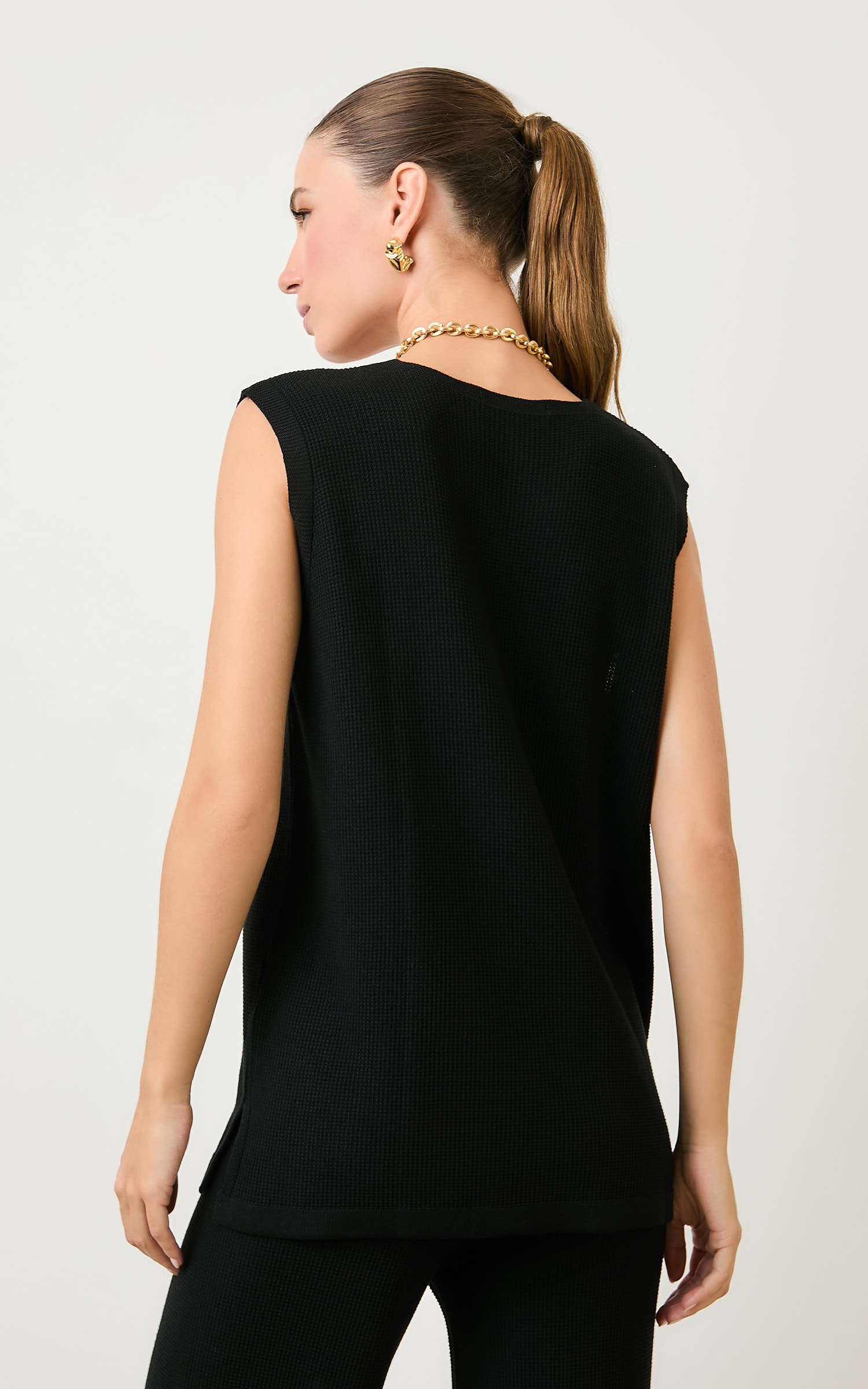 Blusa Tricot Alongada Piquet Preto