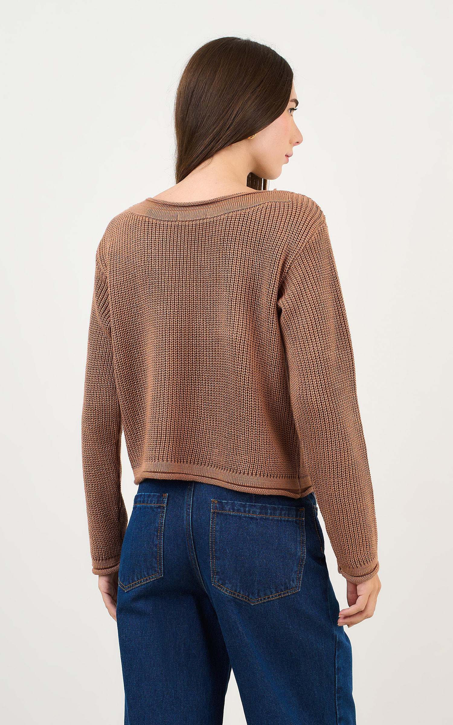 Blusa Tricot Básico Manga Longa Amendoa