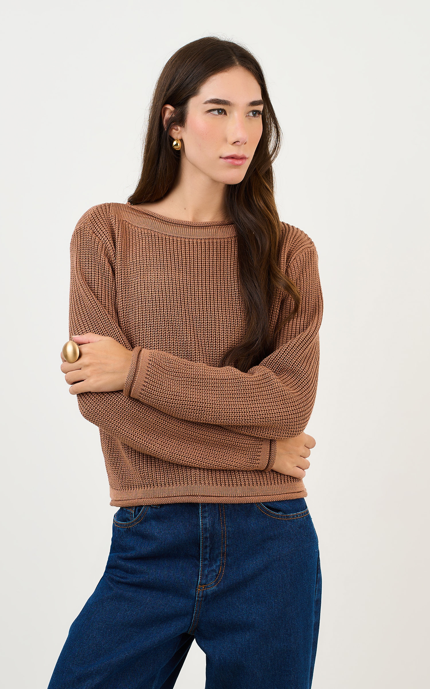 Blusa Tricot Básico Manga Longa Amendoa