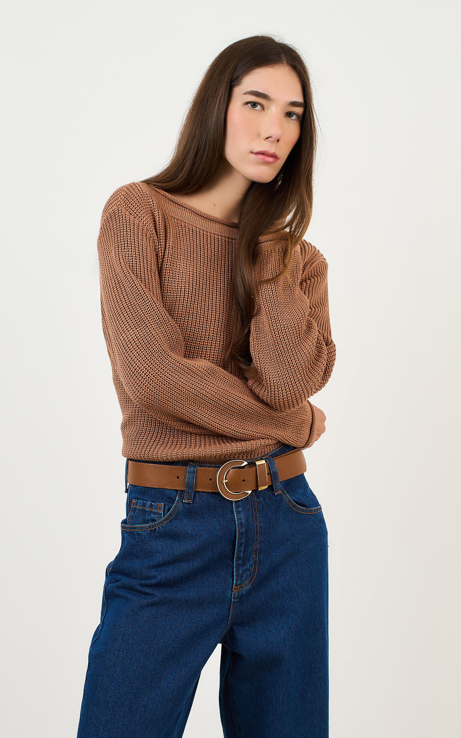 Blusa Tricot Básico Manga Longa Amendoa
