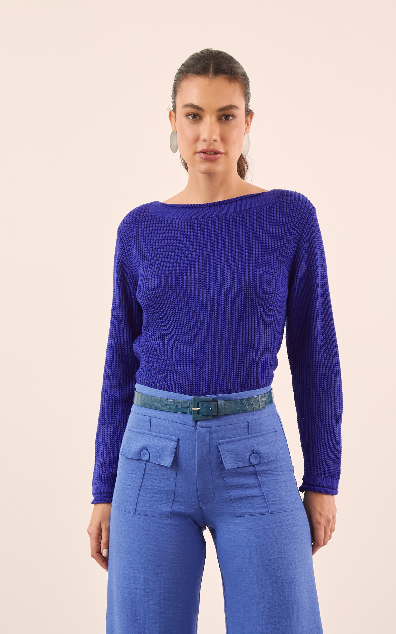 Blusa Tricot Básico Manga Longa Azul Royal
