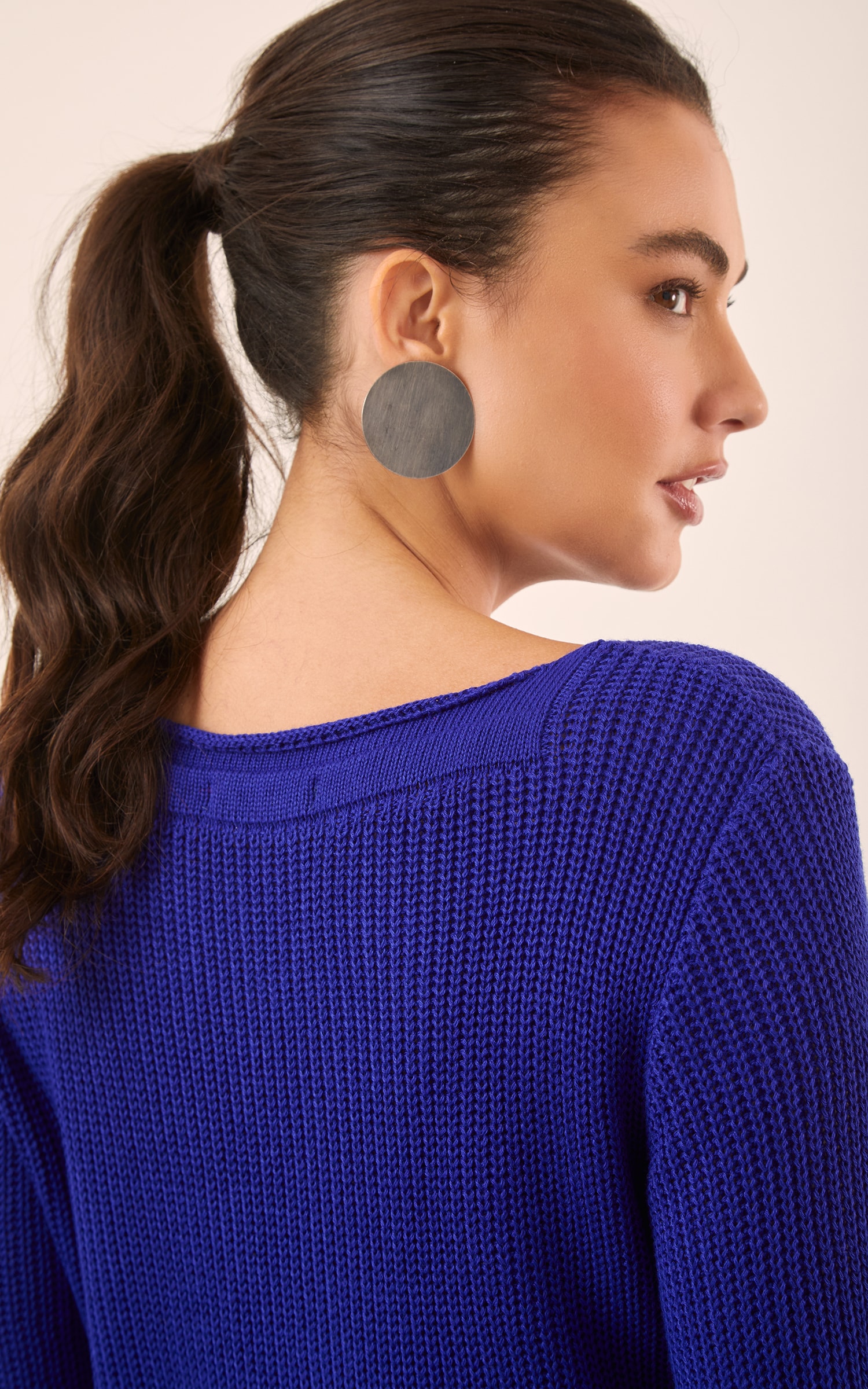 Blusa Tricot Básico Manga Longa Azul Royal