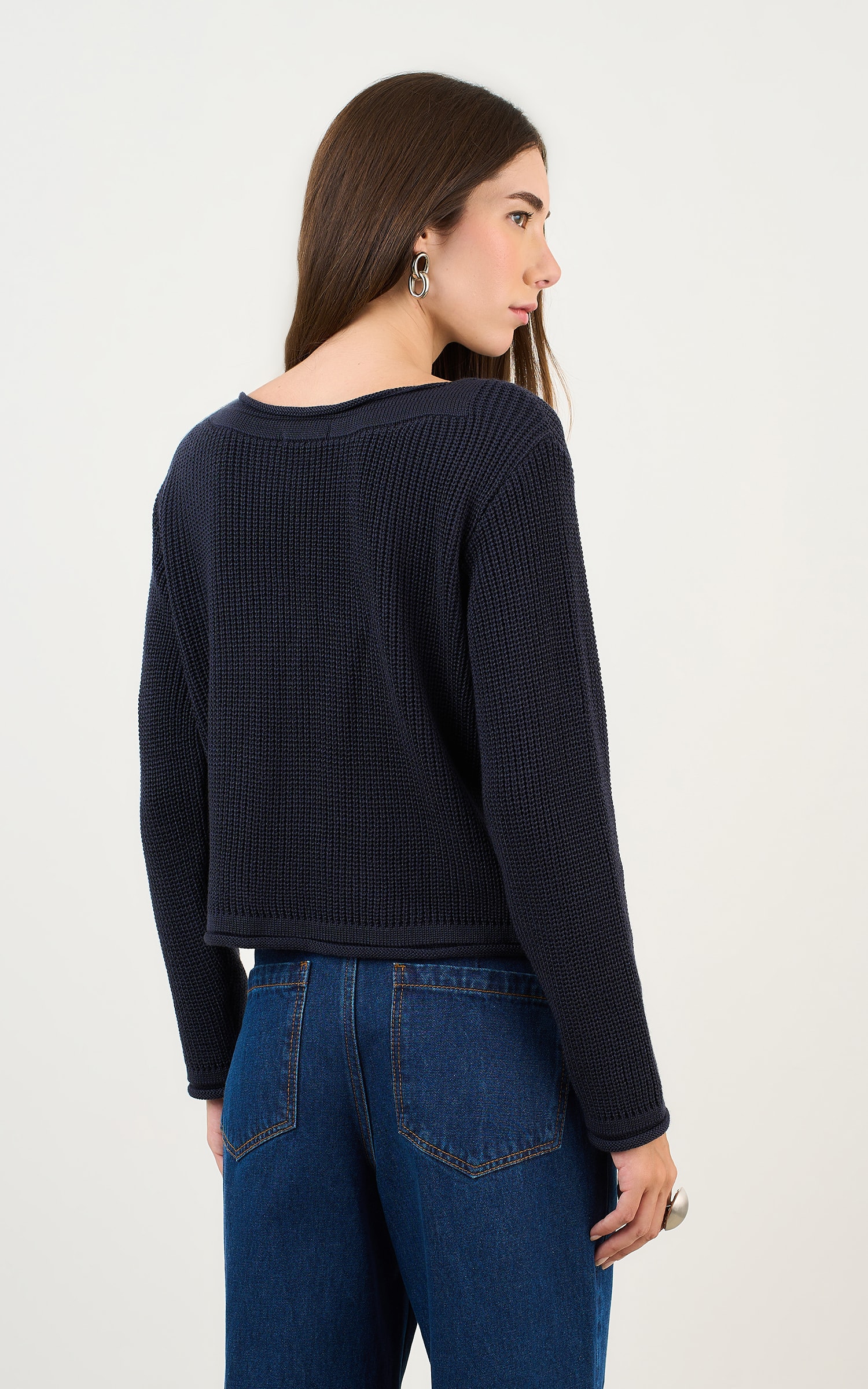 Blusa Tricot Básico Manga Longa Marinho