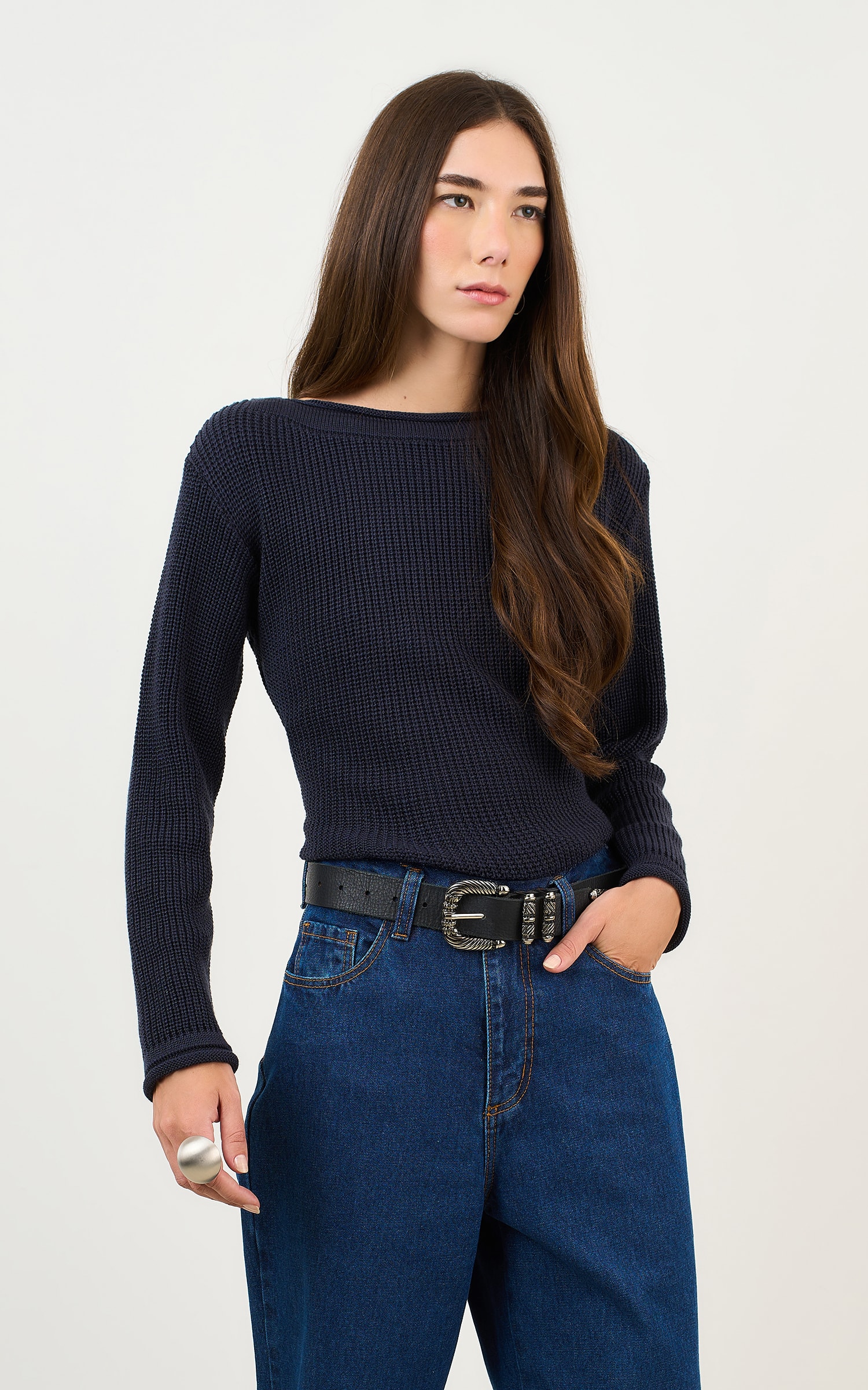 Blusa Tricot Básico Manga Longa Marinho