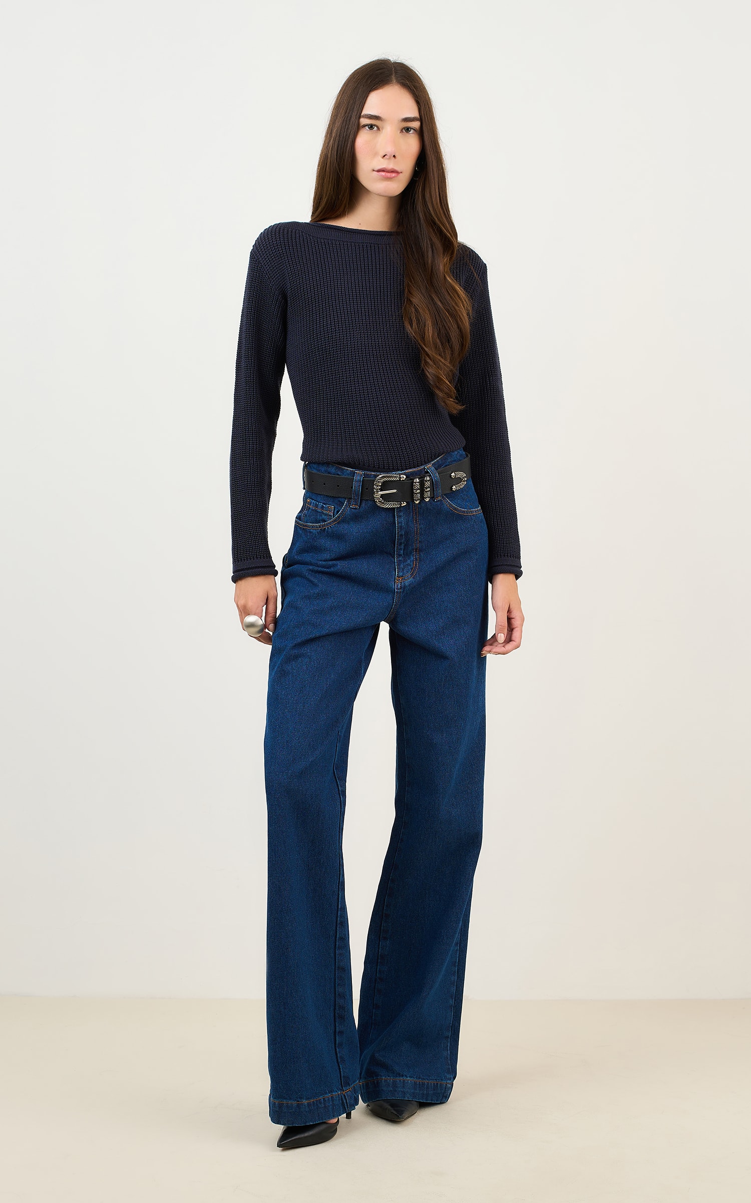 Blusa Tricot Básico Manga Longa Marinho