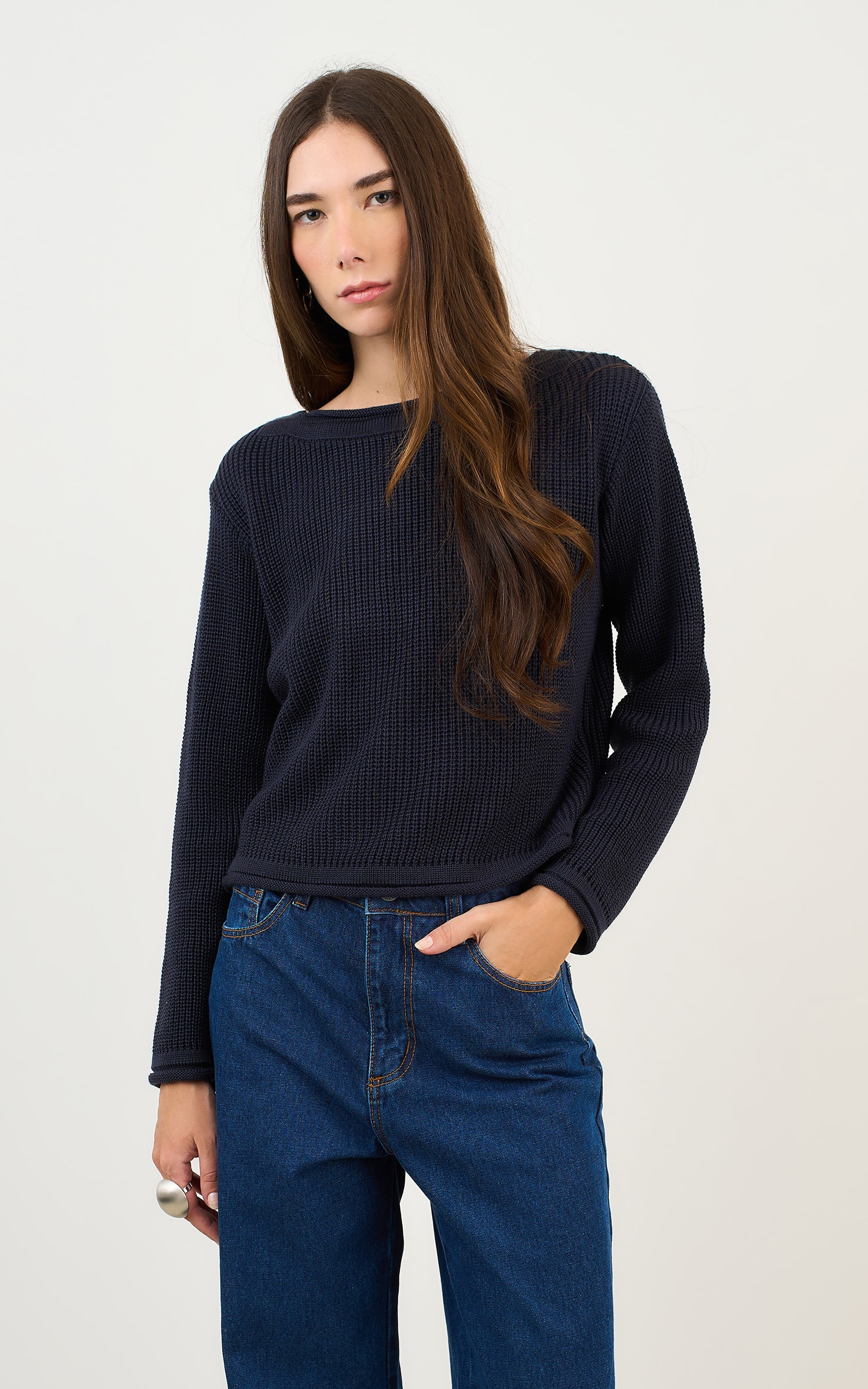 Blusa Tricot Básico Manga Longa Marinho