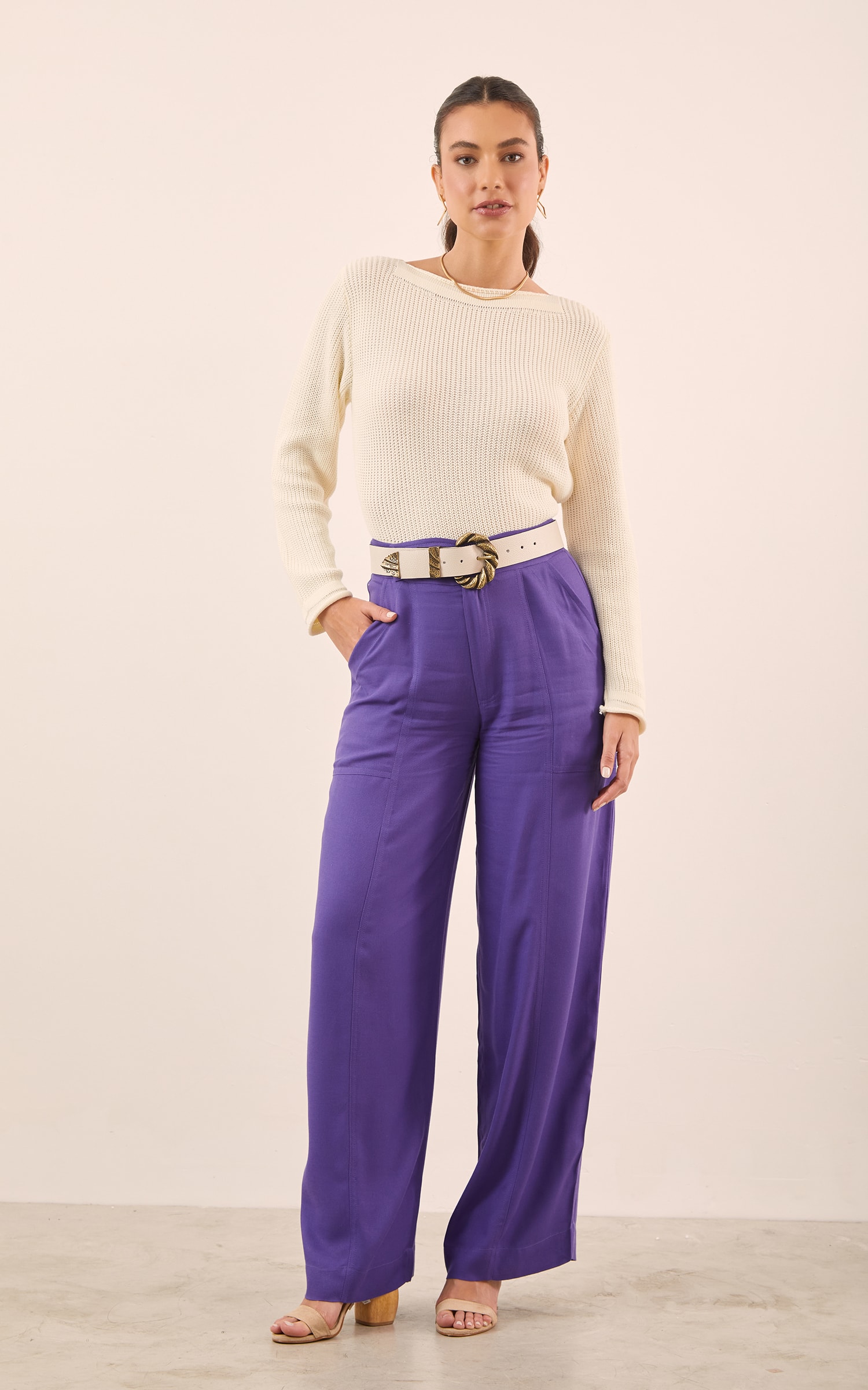 Blusa Tricot Básico Manga Longa Off White